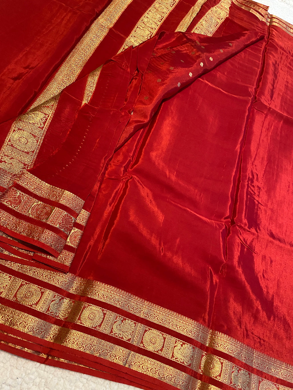 Red Satin Crepe Saree with Traditional Gold Zari Border