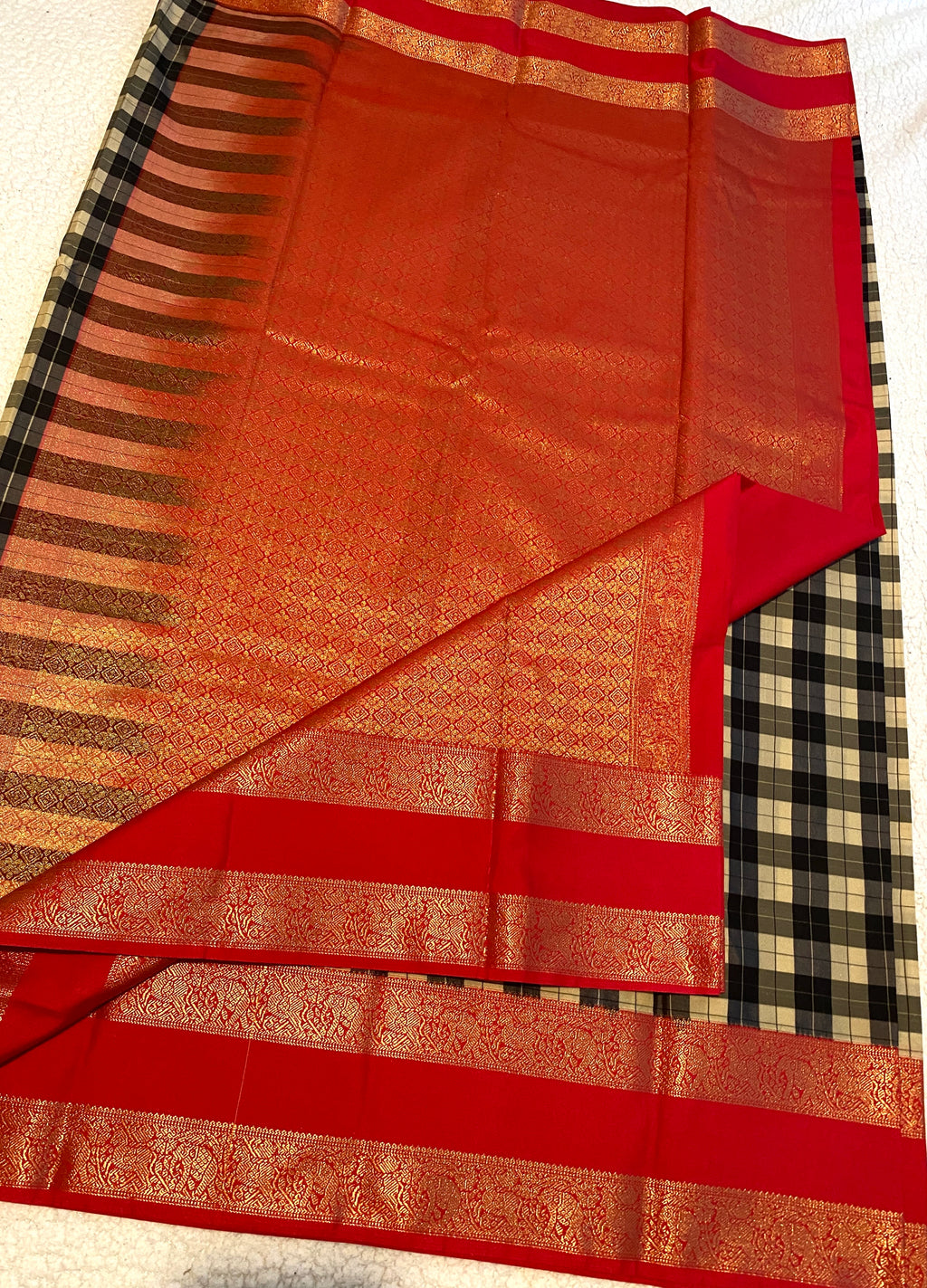 Semi-Kanchipuram Silk Saree with Checked Body, Rich Red Pallu & Gold Zari Border