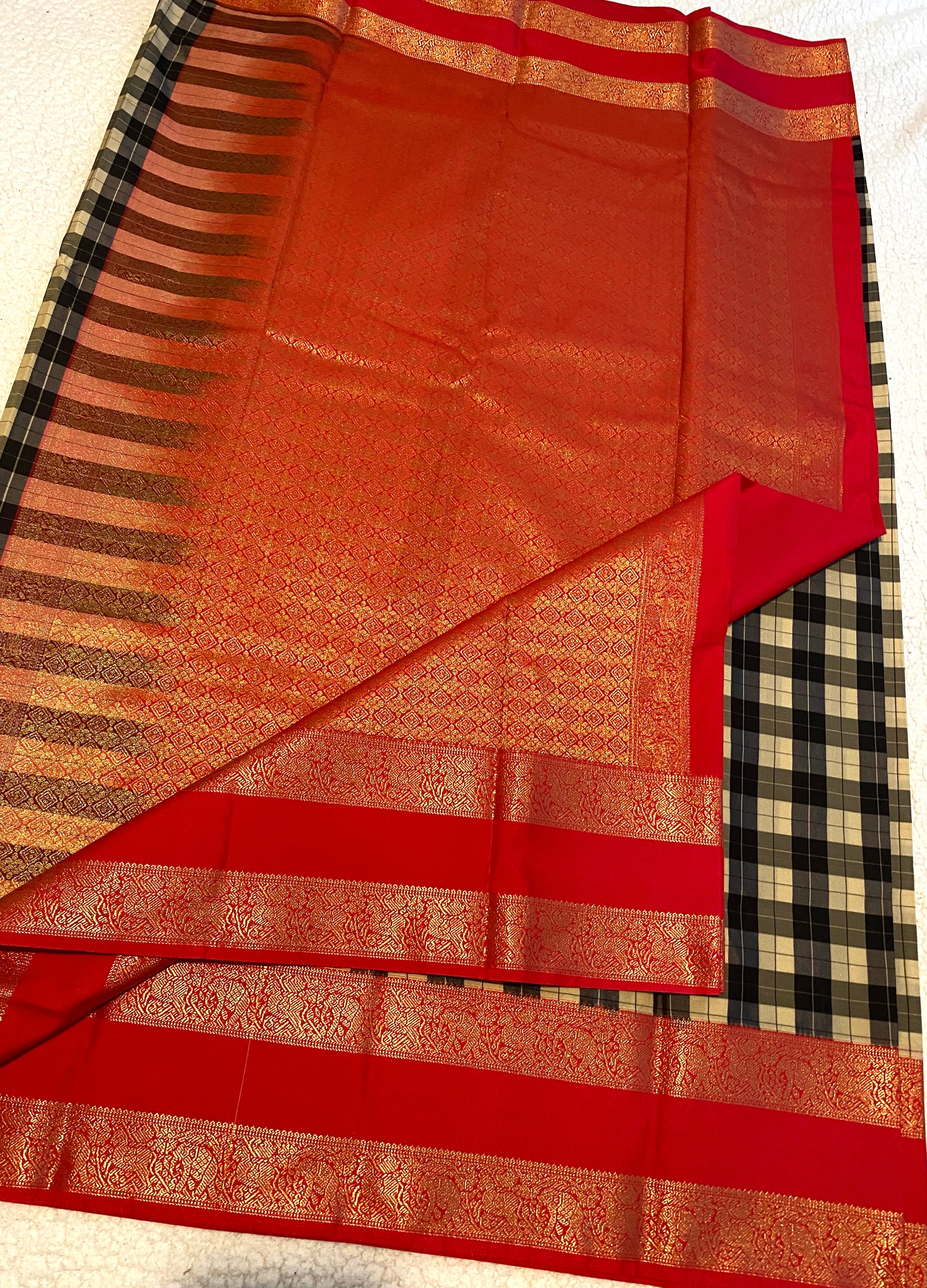 Semi-Kanchipuram Silk Saree with Checked Body, Rich Red Pallu & Gold Zari Border