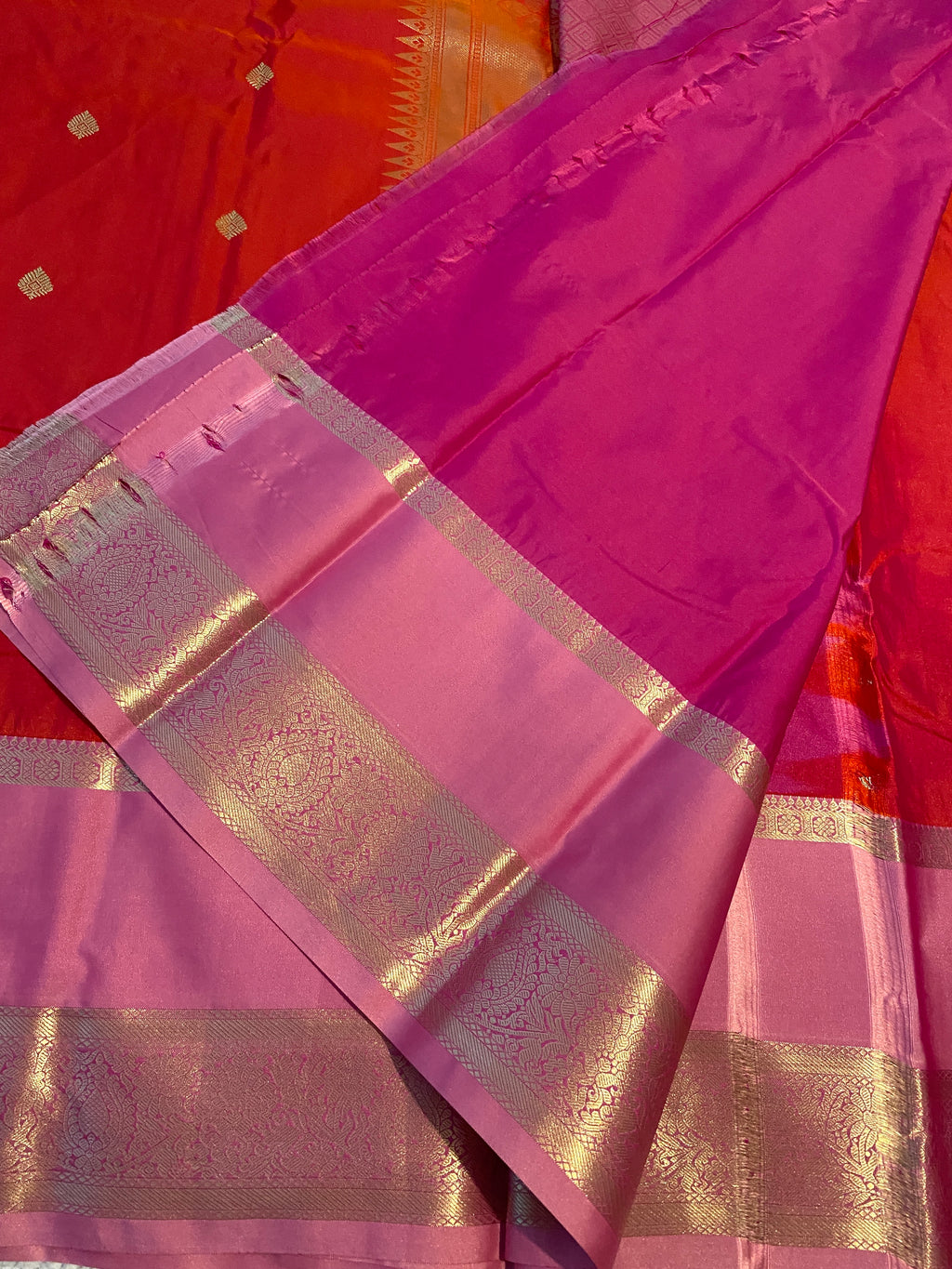 Semi-Kanchipuram Silk Saree in Dual-Tone Deep Pink & Orange with Rose Pink Pallu & Gold Zari Border