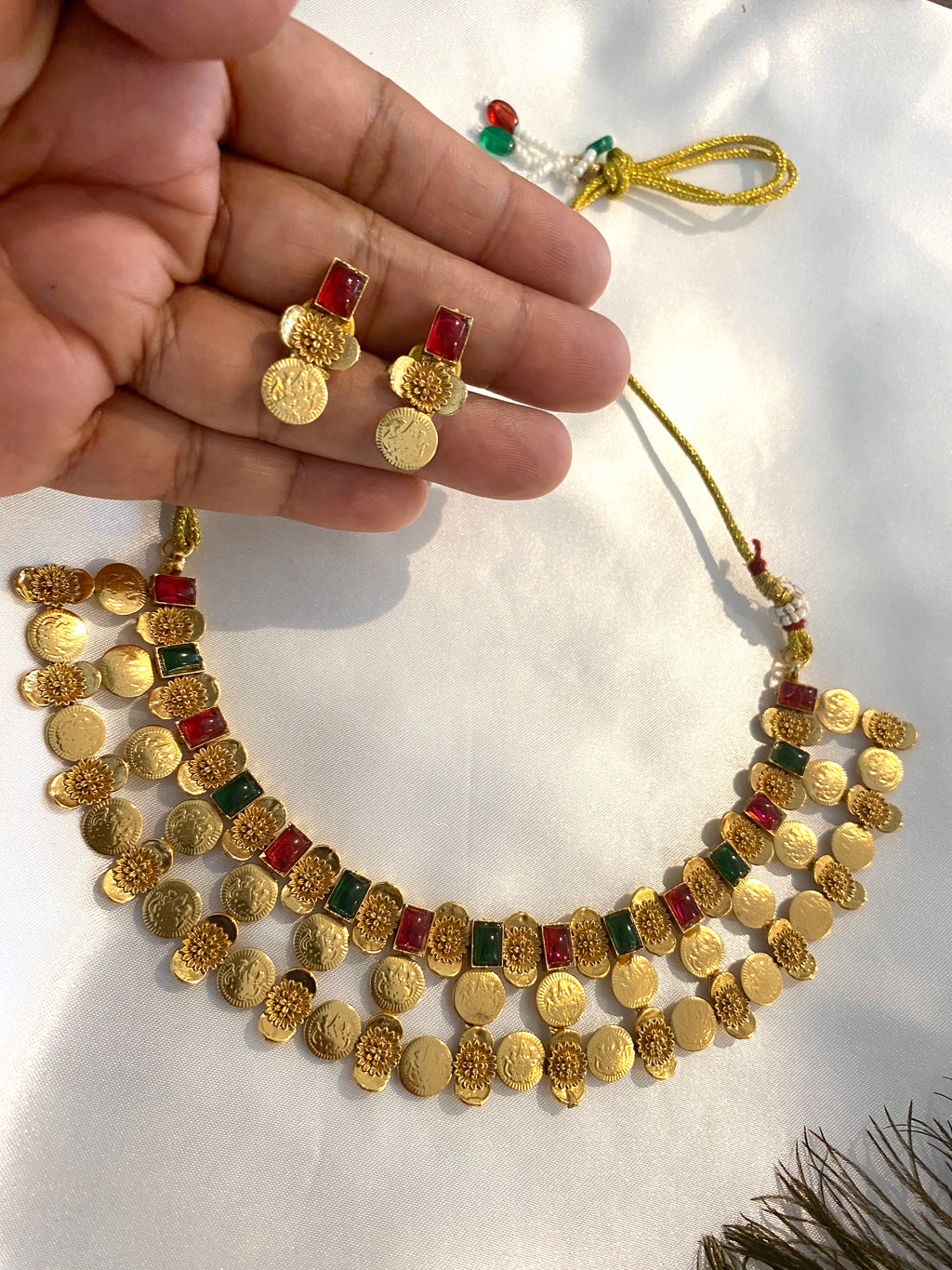 Matte Coin & Multi-Stone Necklace Set