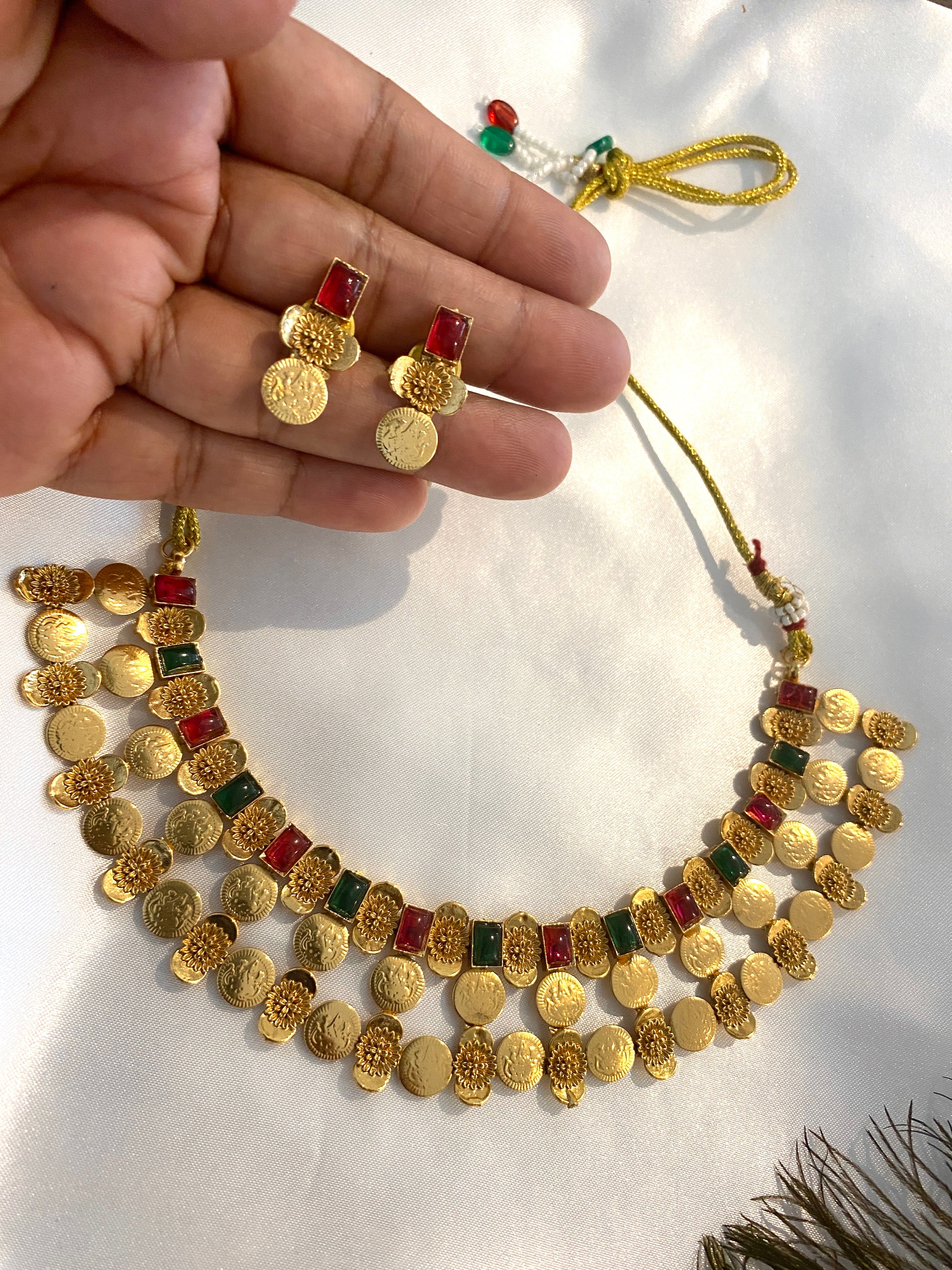 Matte Coin & Multi-Stone Necklace Set