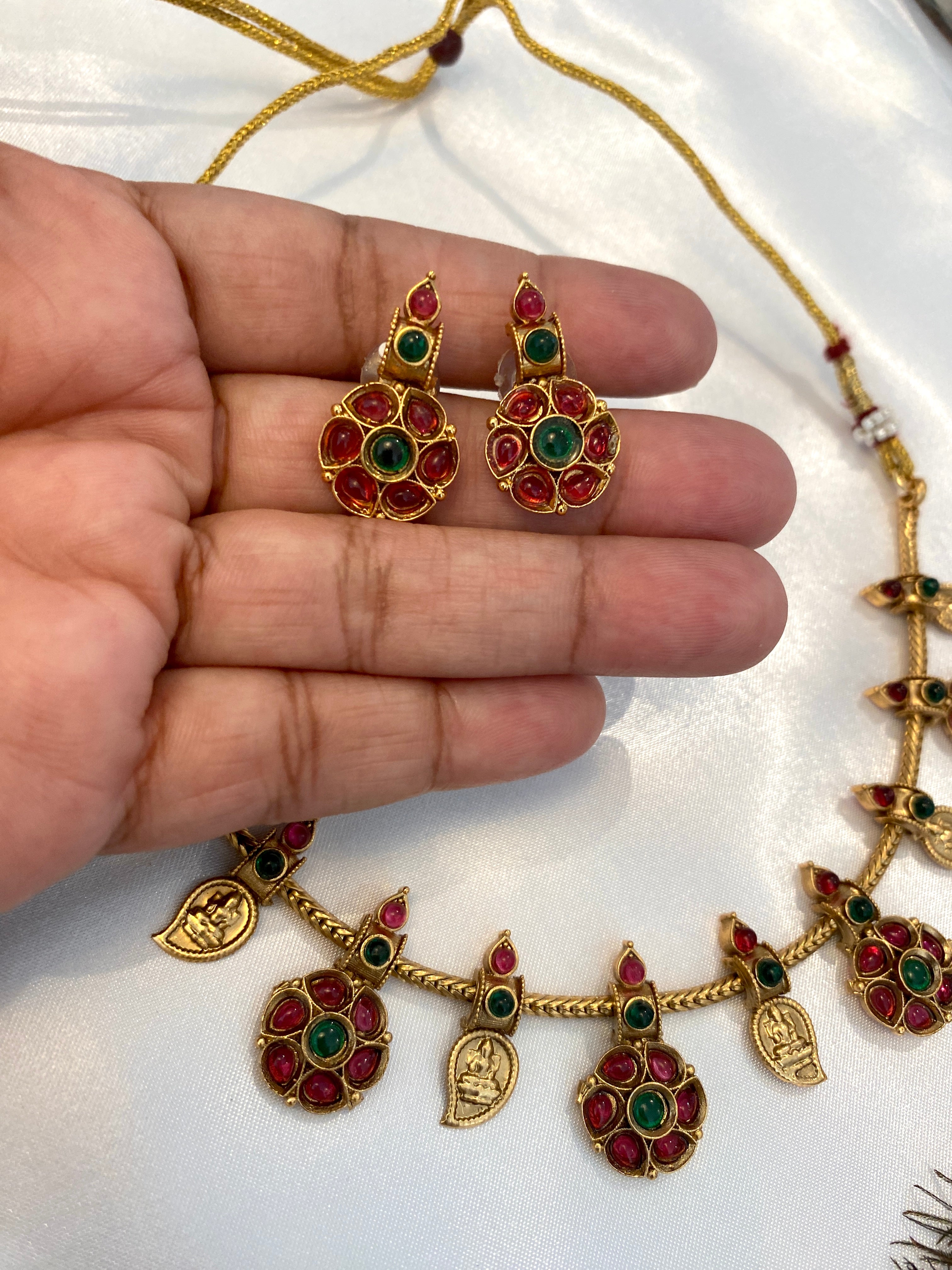 Antique Gold-Tone Ruby & Green Temple-Style Necklace Set