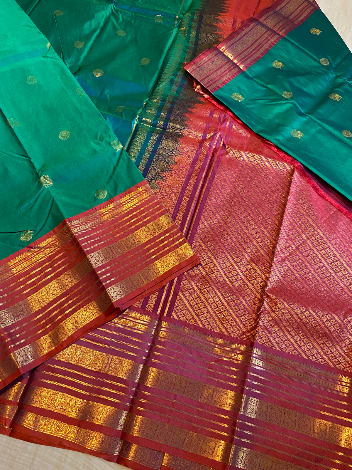 Premium Green & Rust Orange Semi-Kanchipuram Silk Saree with Gold Zari