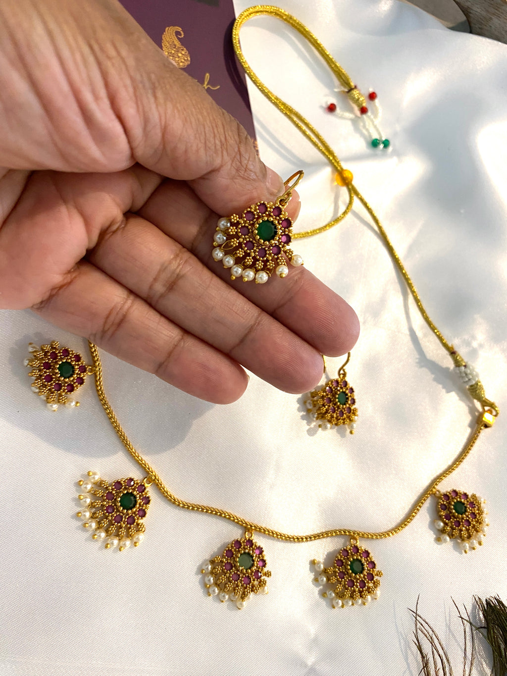 Traditional Green & Pink Stone Pearl Necklace Set with Earrings