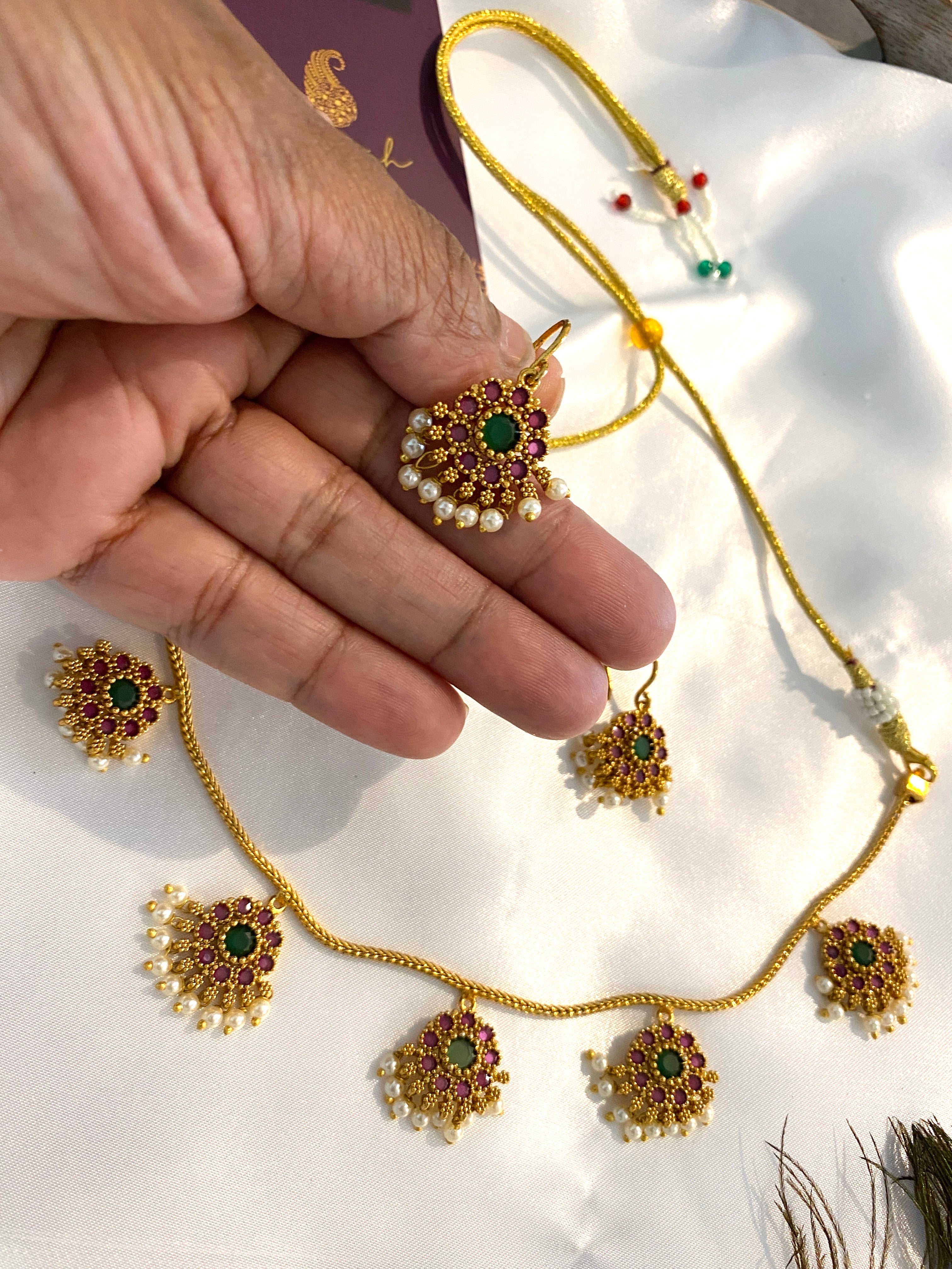Traditional Green & Pink Stone Pearl Necklace Set with Earrings