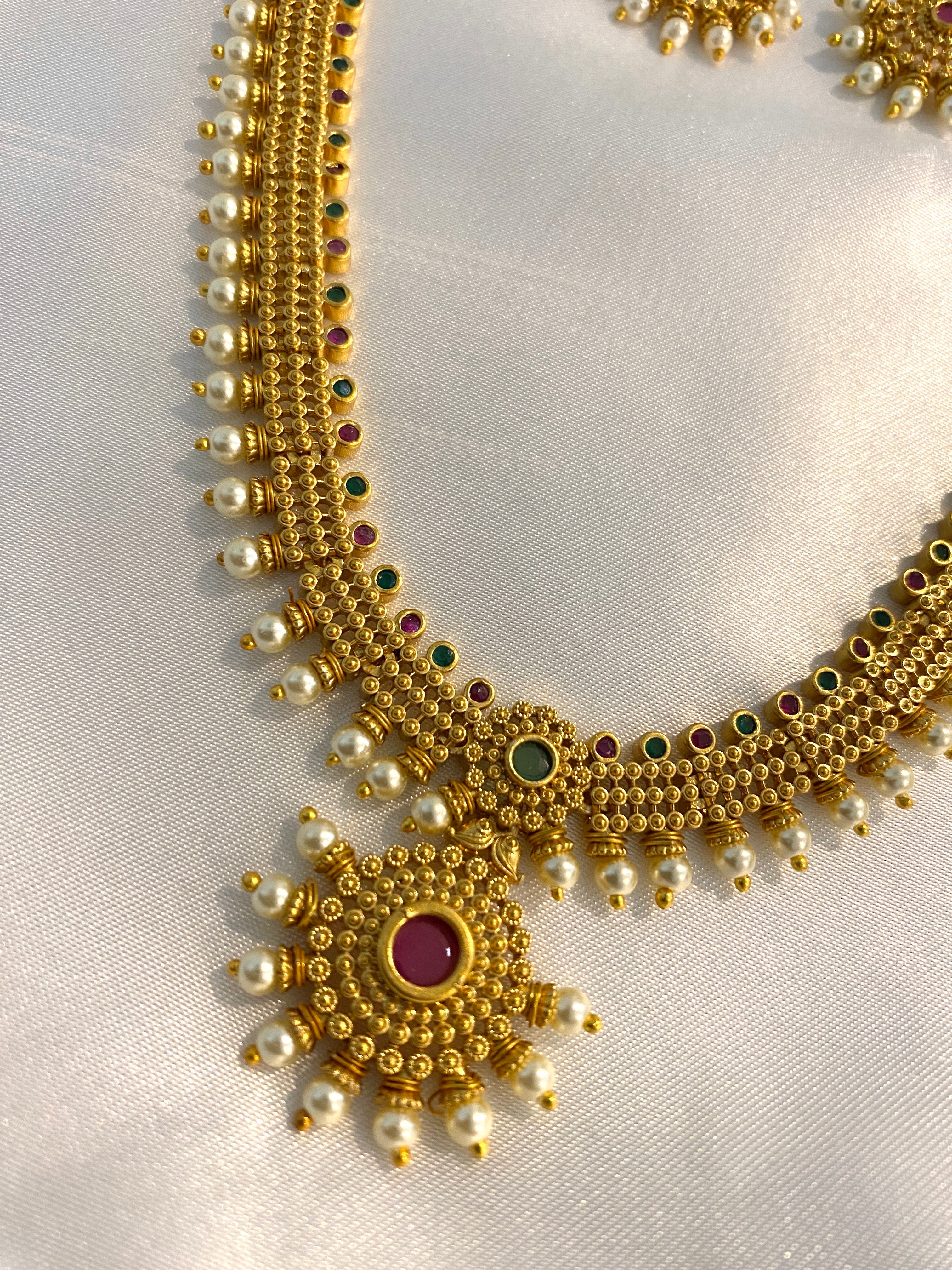 Traditional Temple Haram Necklace Set with Pearl Drops