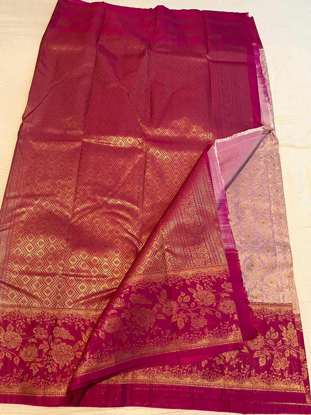 Blush Pink Premium Semi-Kanchipuram Silk Saree with Magenta Pink Floral Gold Zari Border & Pallu