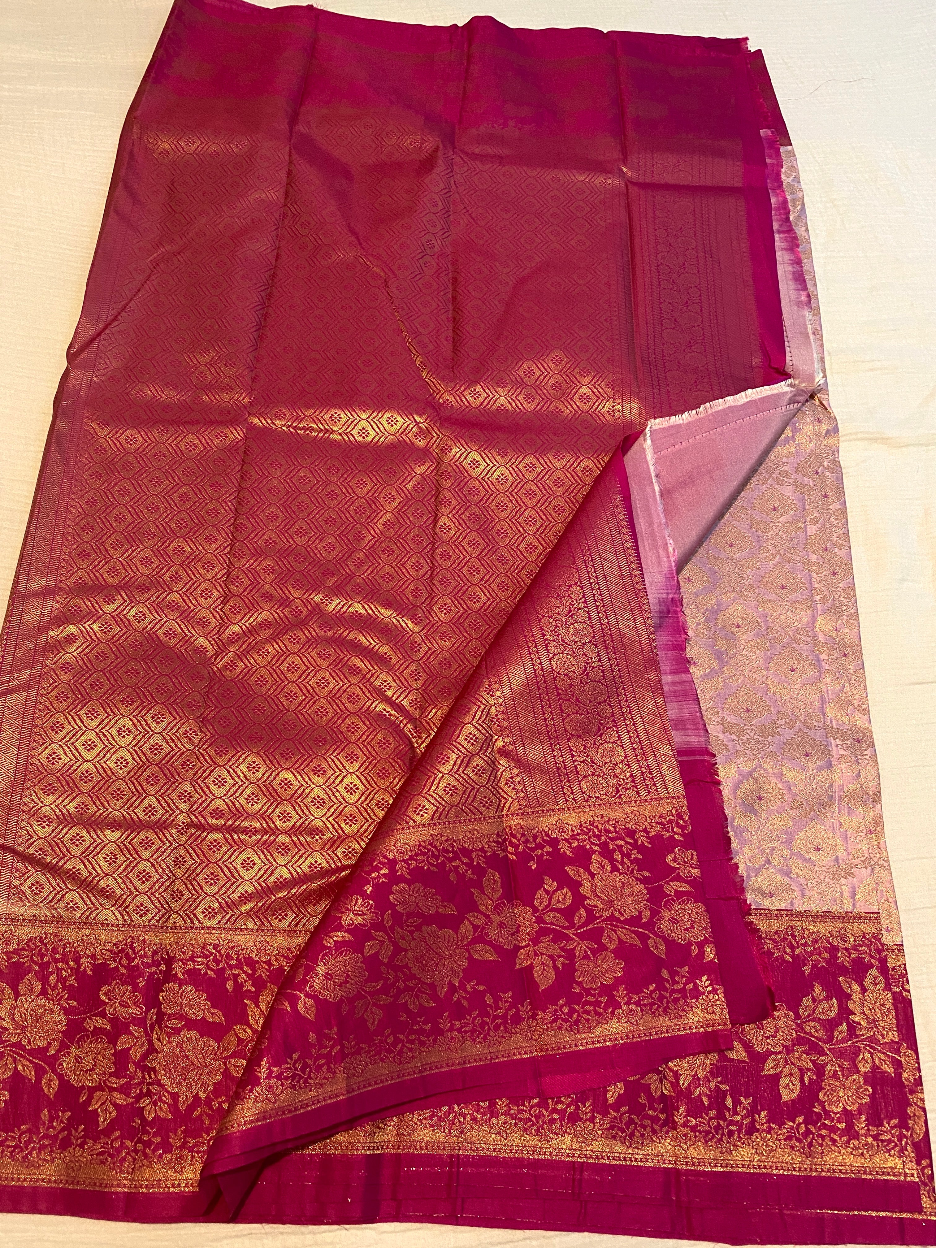 Blush Pink Premium Semi-Kanchipuram Silk Saree with Magenta Pink Floral Gold Zari Border & Pallu