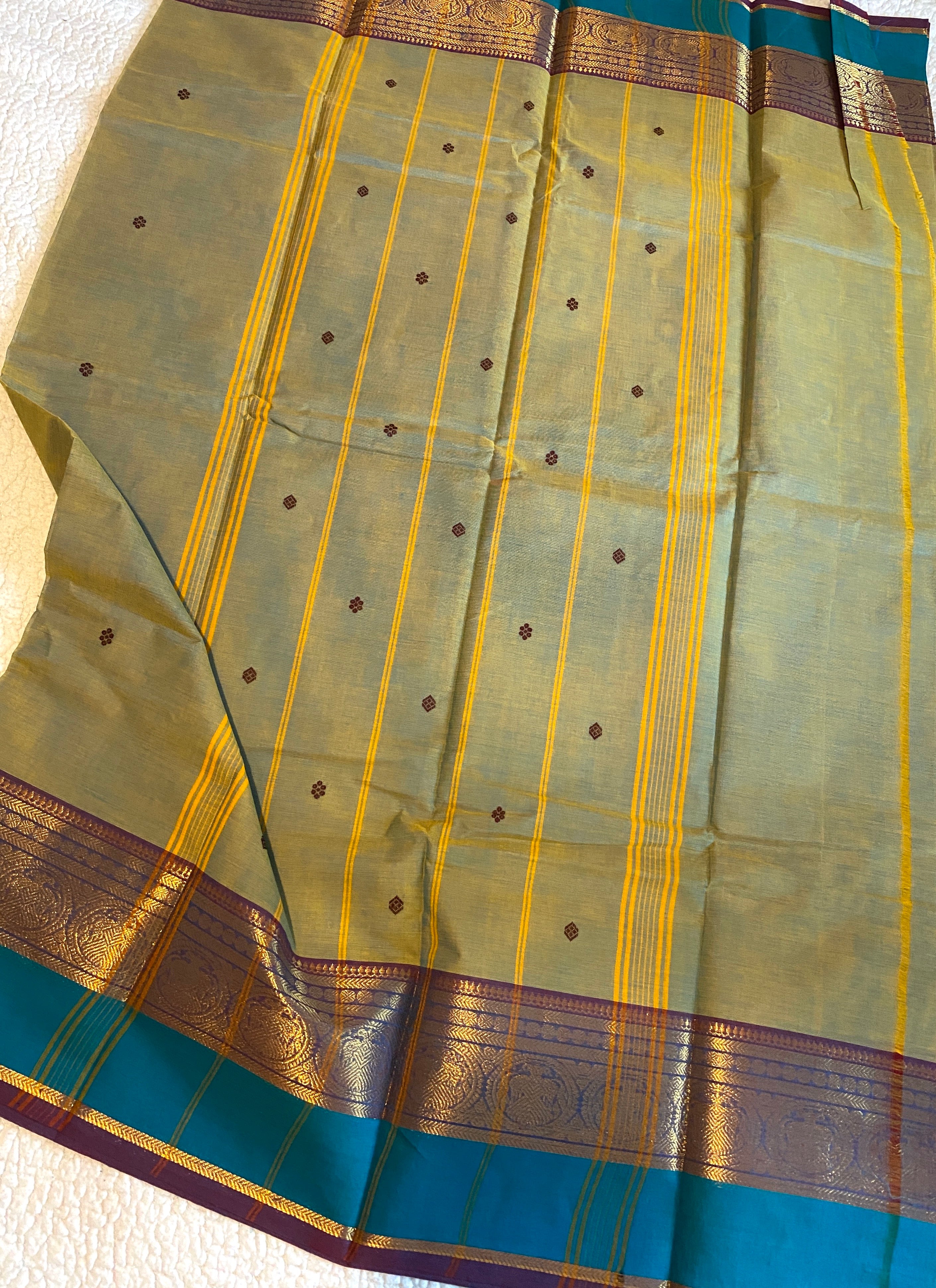 Pure Kanchi Cotton Saree | Olive Green with Contrast Blue Border