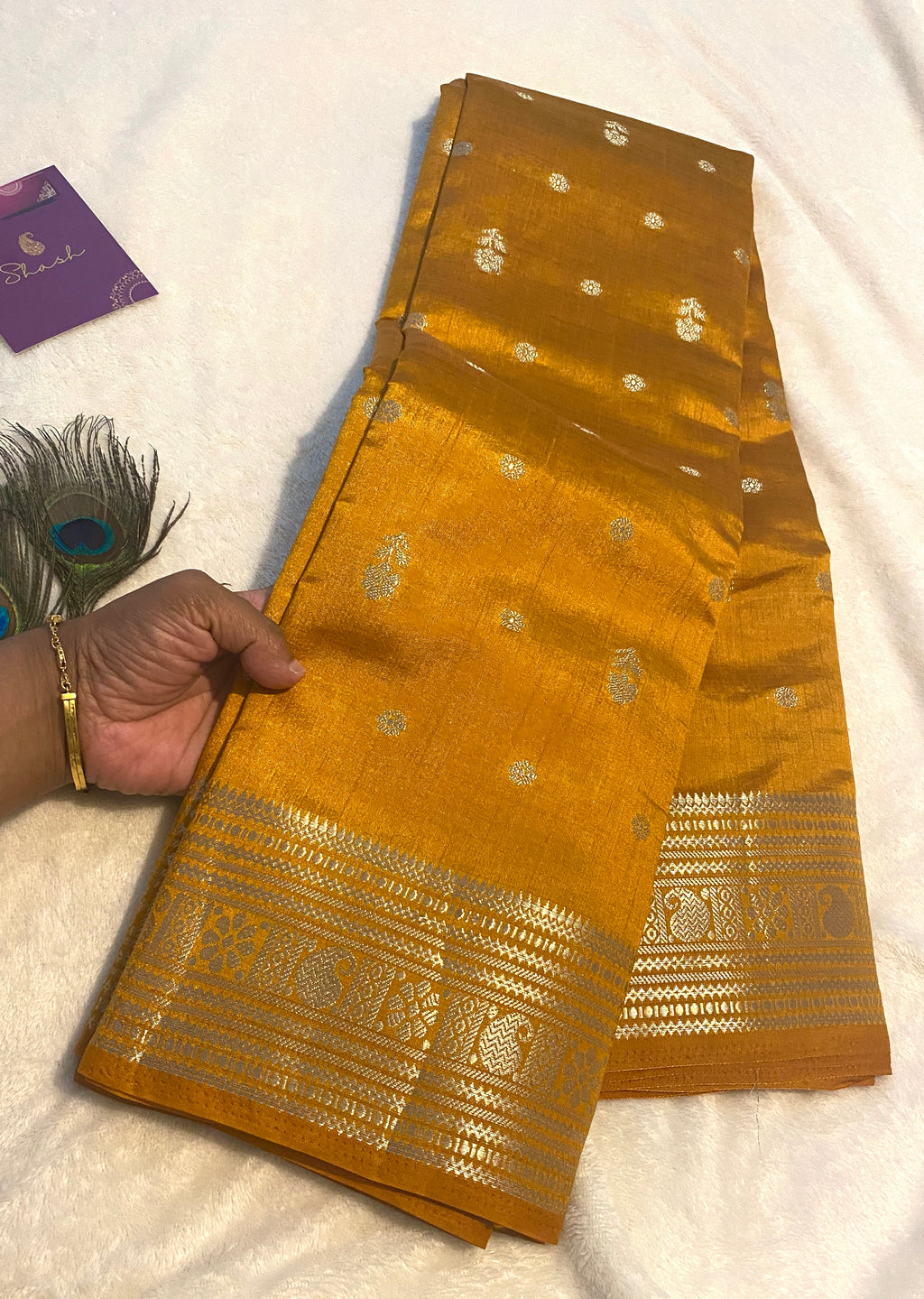 Mustard Yellow Tussar Silk Saree with Pallu and Border Detailing