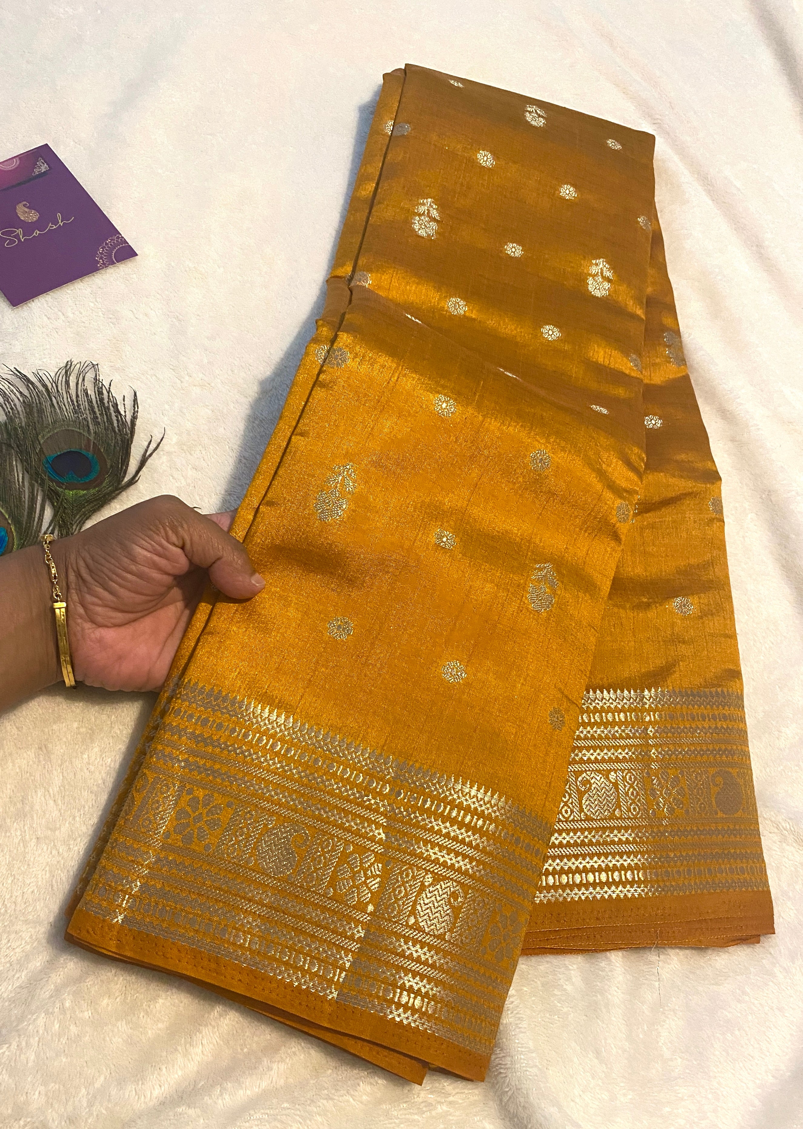 Mustard Yellow Tussar Silk Saree with Pallu and Border Detailing
