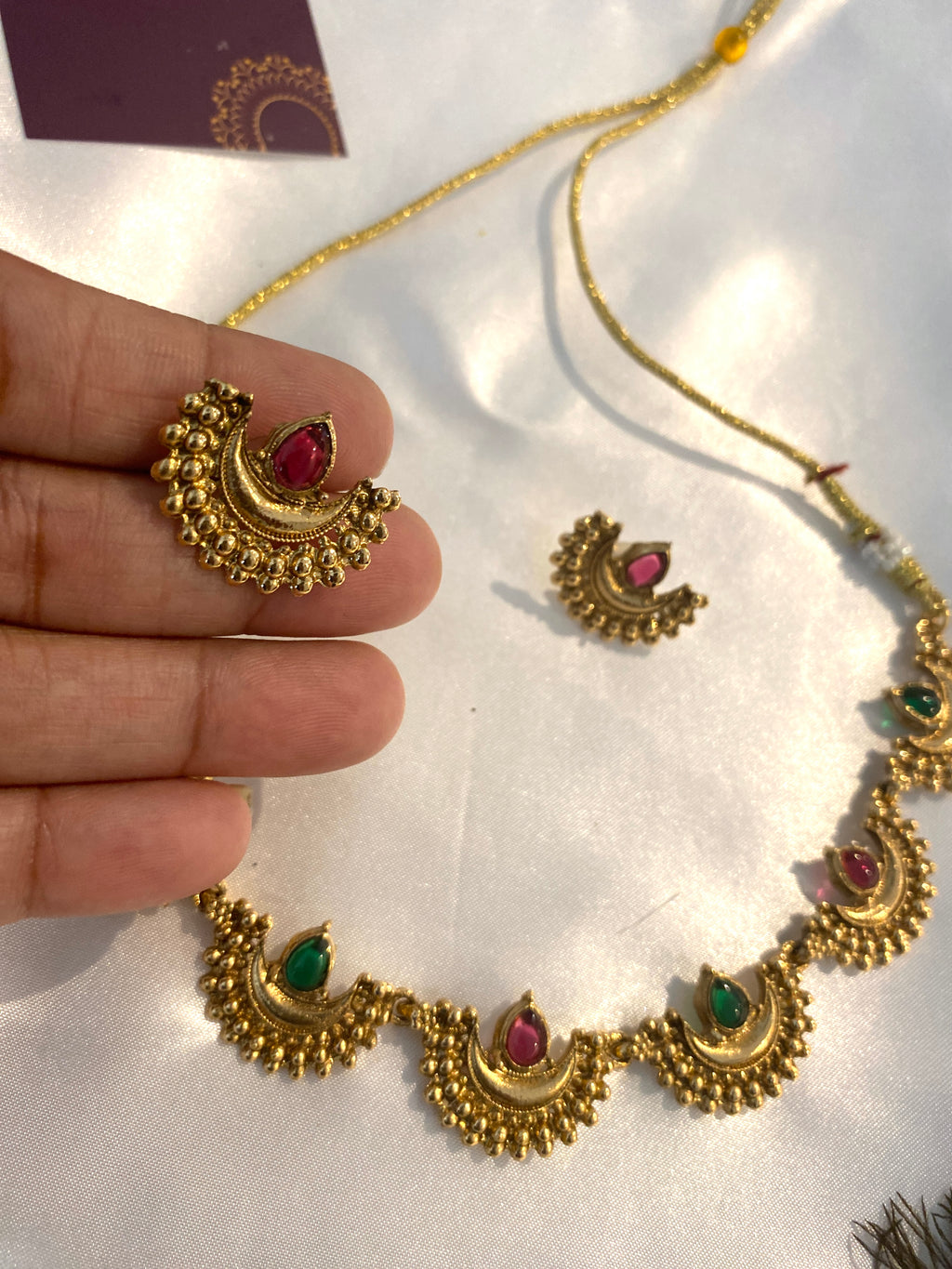 Matte Moon Design Necklace Set | Multi-Stone Traditional Jewelry