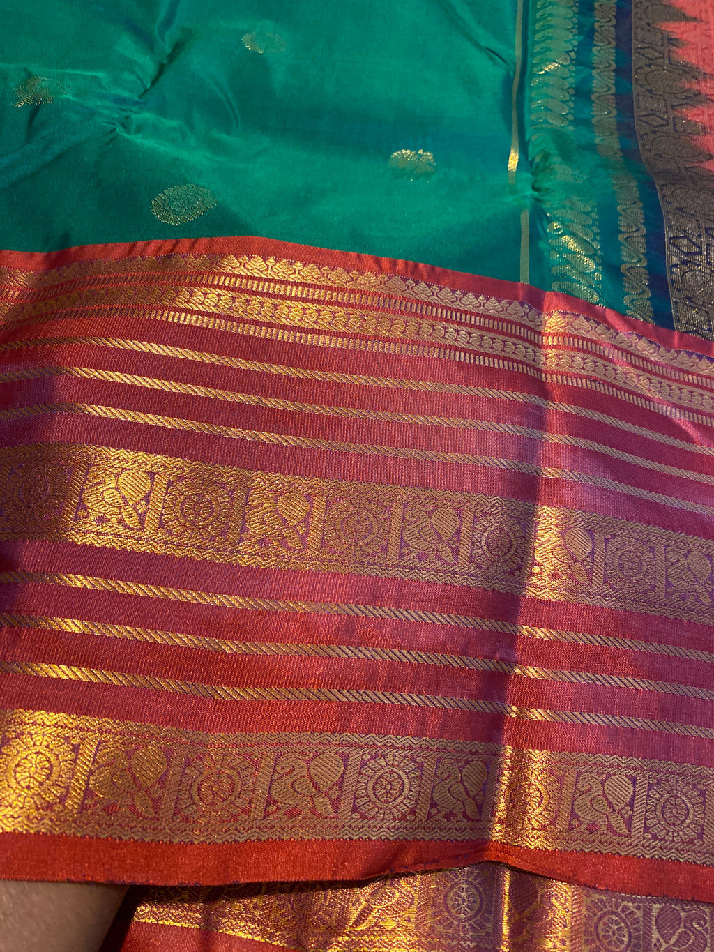 Premium Green & Rust Orange Semi-Kanchipuram Silk Saree with Gold Zari