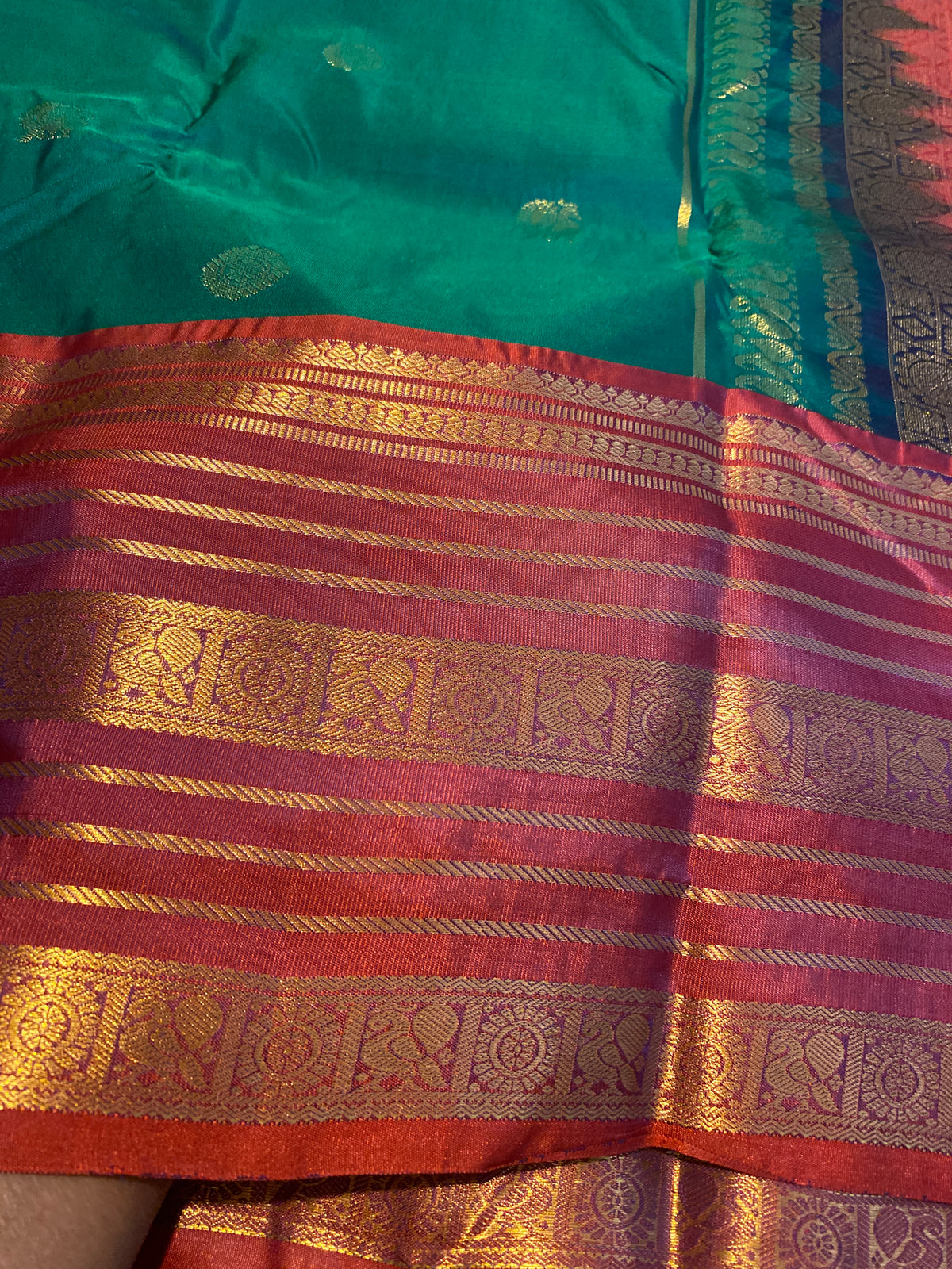 Premium Green & Rust Orange Semi-Kanchipuram Silk Saree with Gold Zari