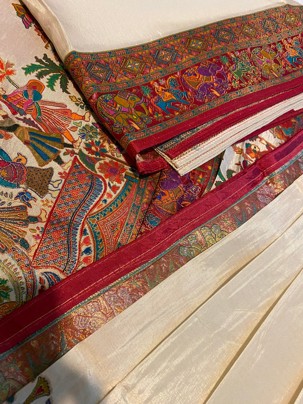 Ivory White Viscose Kalamkari Saree with Multicolour Heritage Border