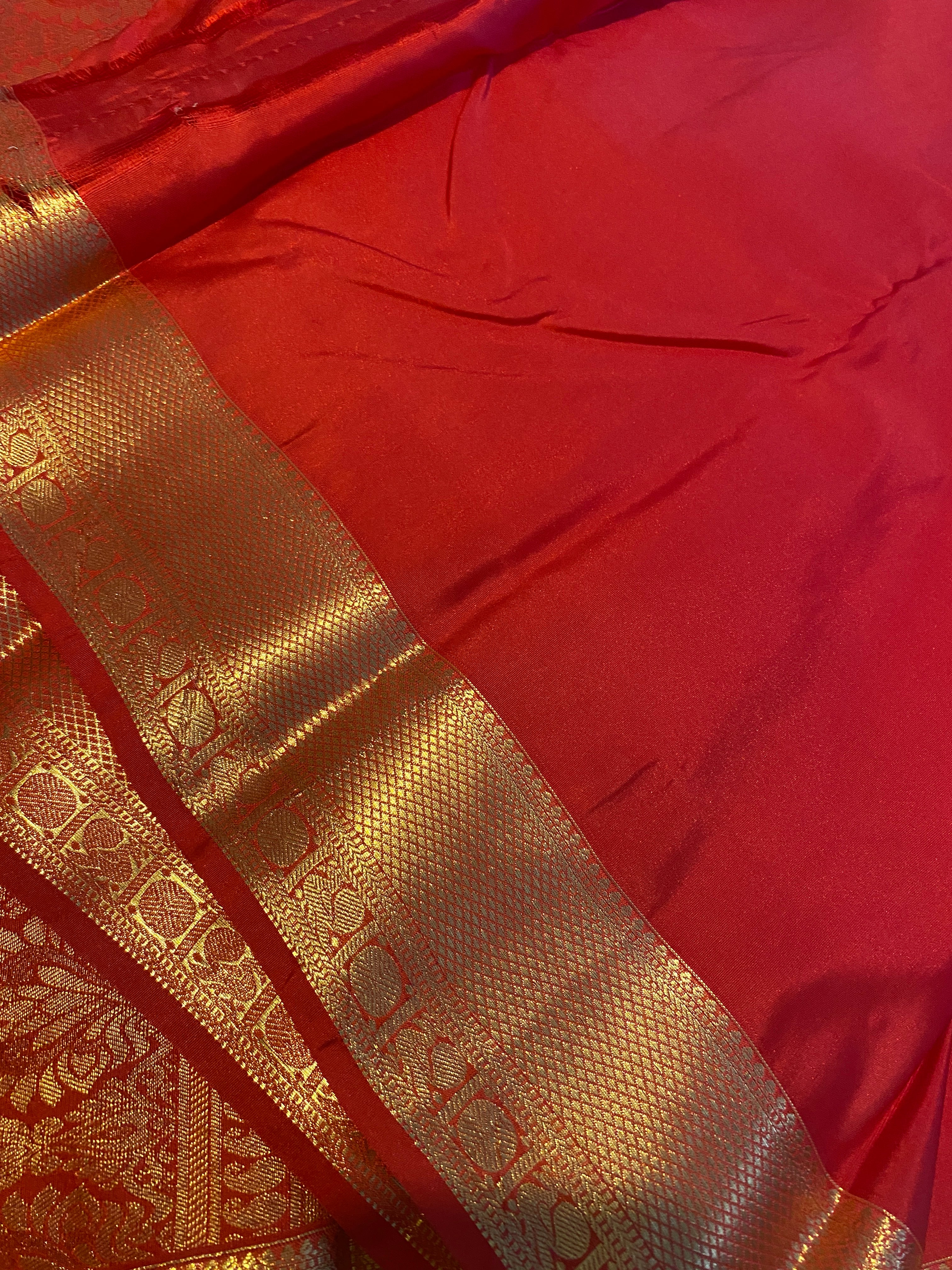 Red Semi-Kanchipuram Silk Saree with Gold Zari Border