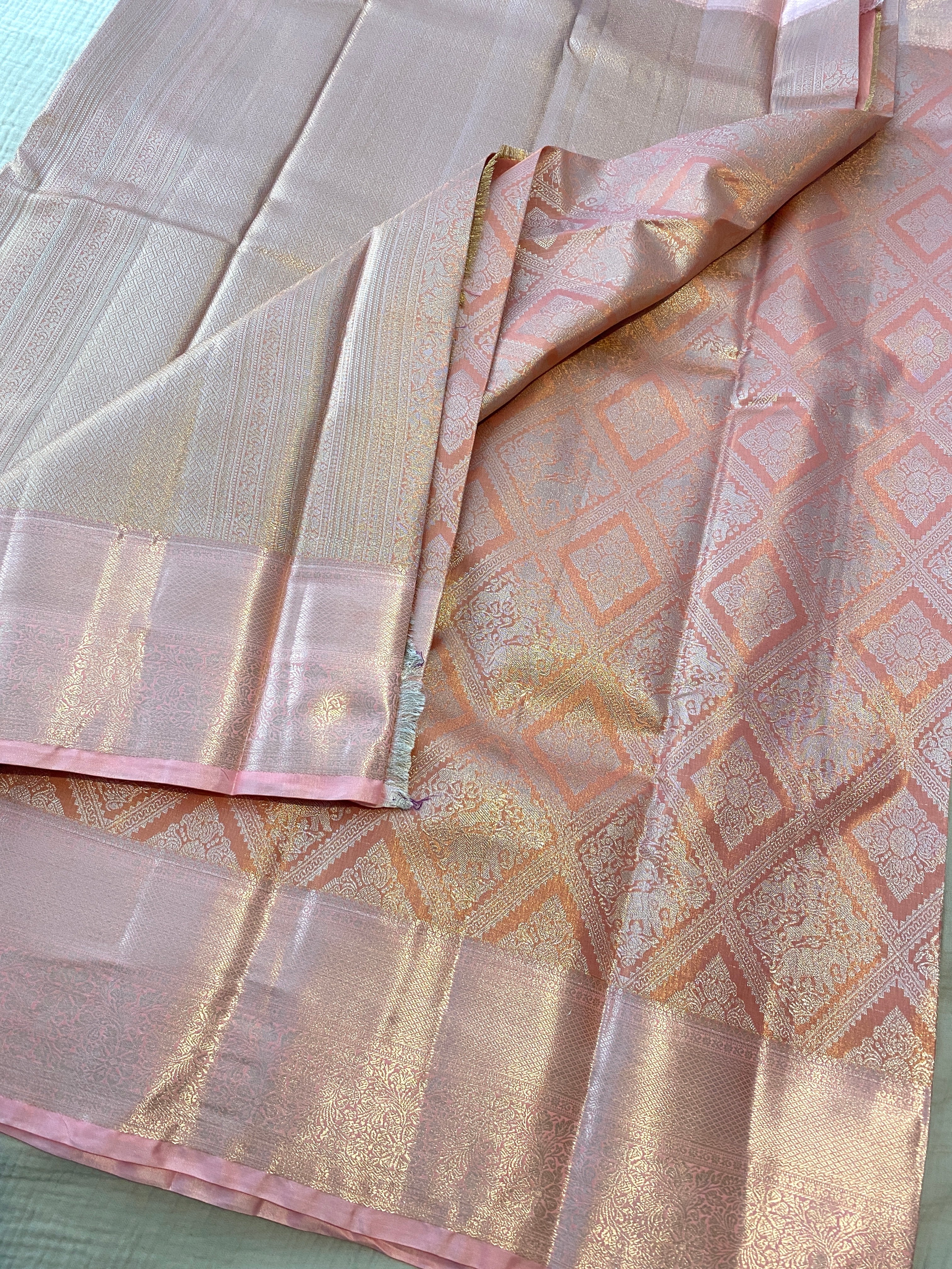 Premium Blush Pink Semi-Kanchipuram Silk Saree with Elegant Woven Motifs