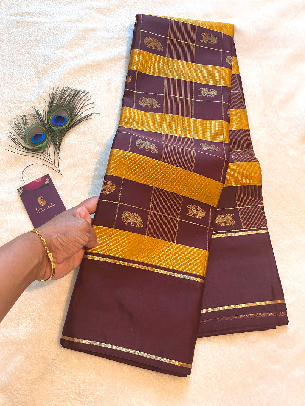 Dark Chocolate Brown Semi-Kanchipuram Silk Saree with Traditional Woven Motifs & Gold Zari Pallu