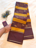 Dark Chocolate Brown Semi-Kanchipuram Silk Saree with Traditional Woven Motifs & Gold Zari Pallu