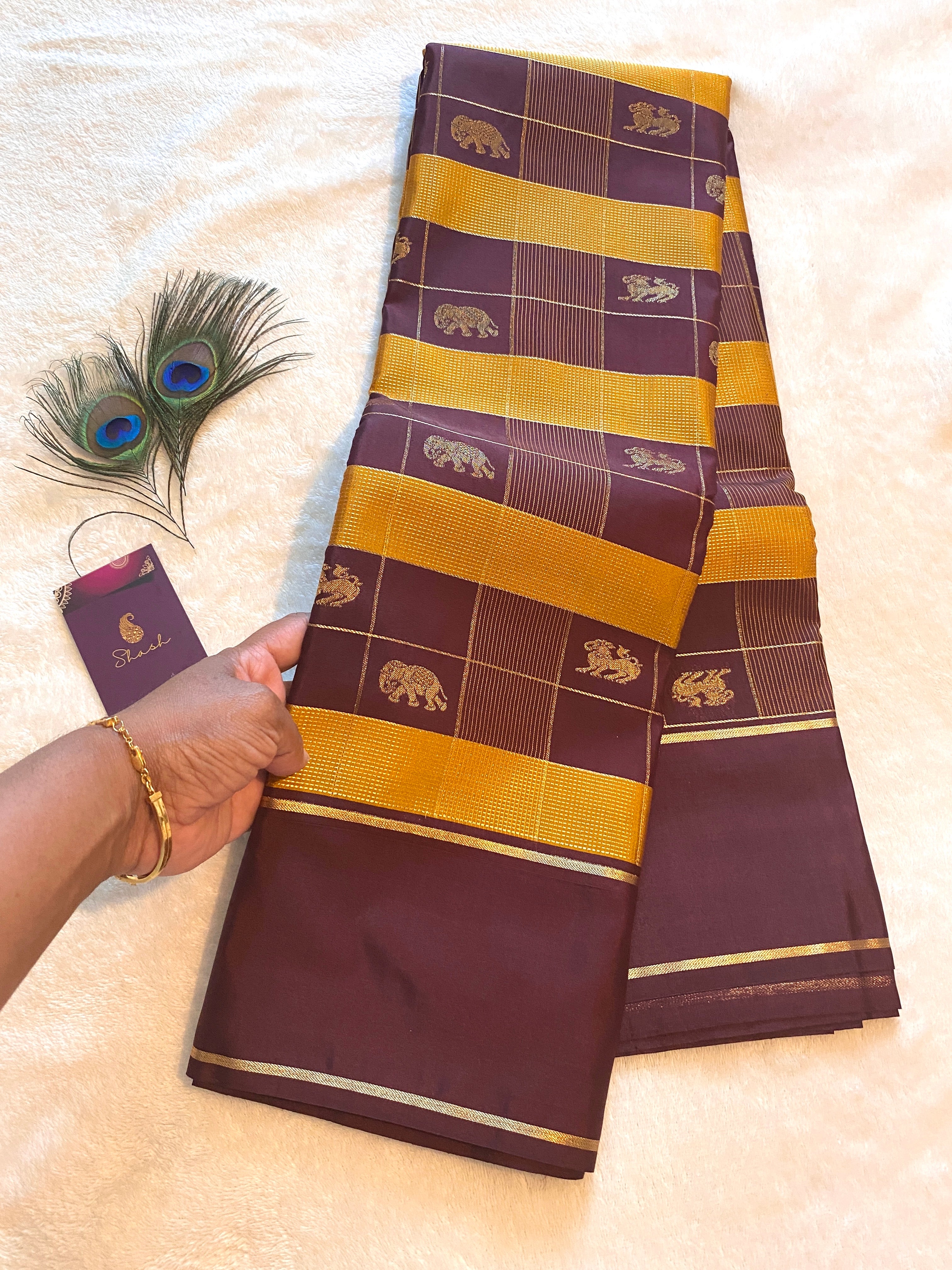 Dark Chocolate Brown Semi-Kanchipuram Silk Saree with Traditional Woven Motifs & Gold Zari Pallu