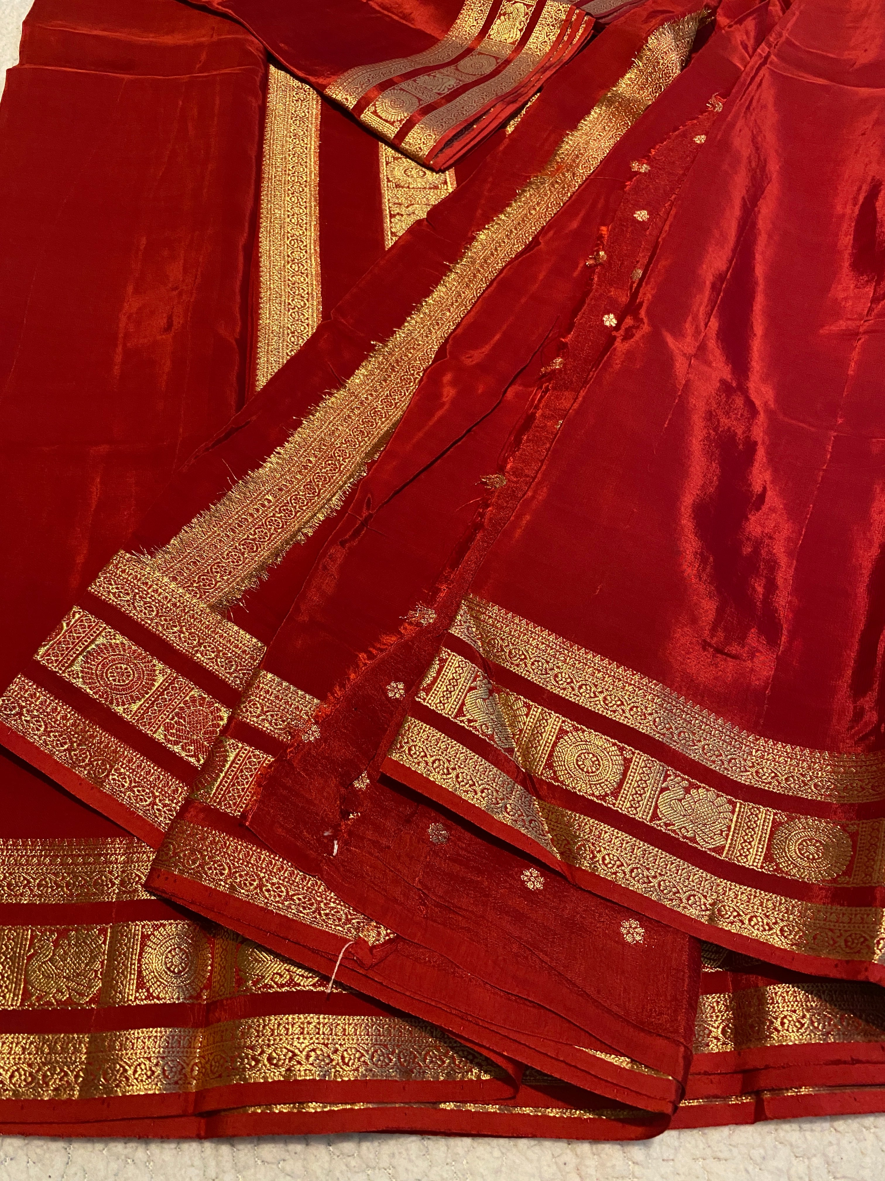 Red Satin Crepe Saree with Traditional Gold Zari Border