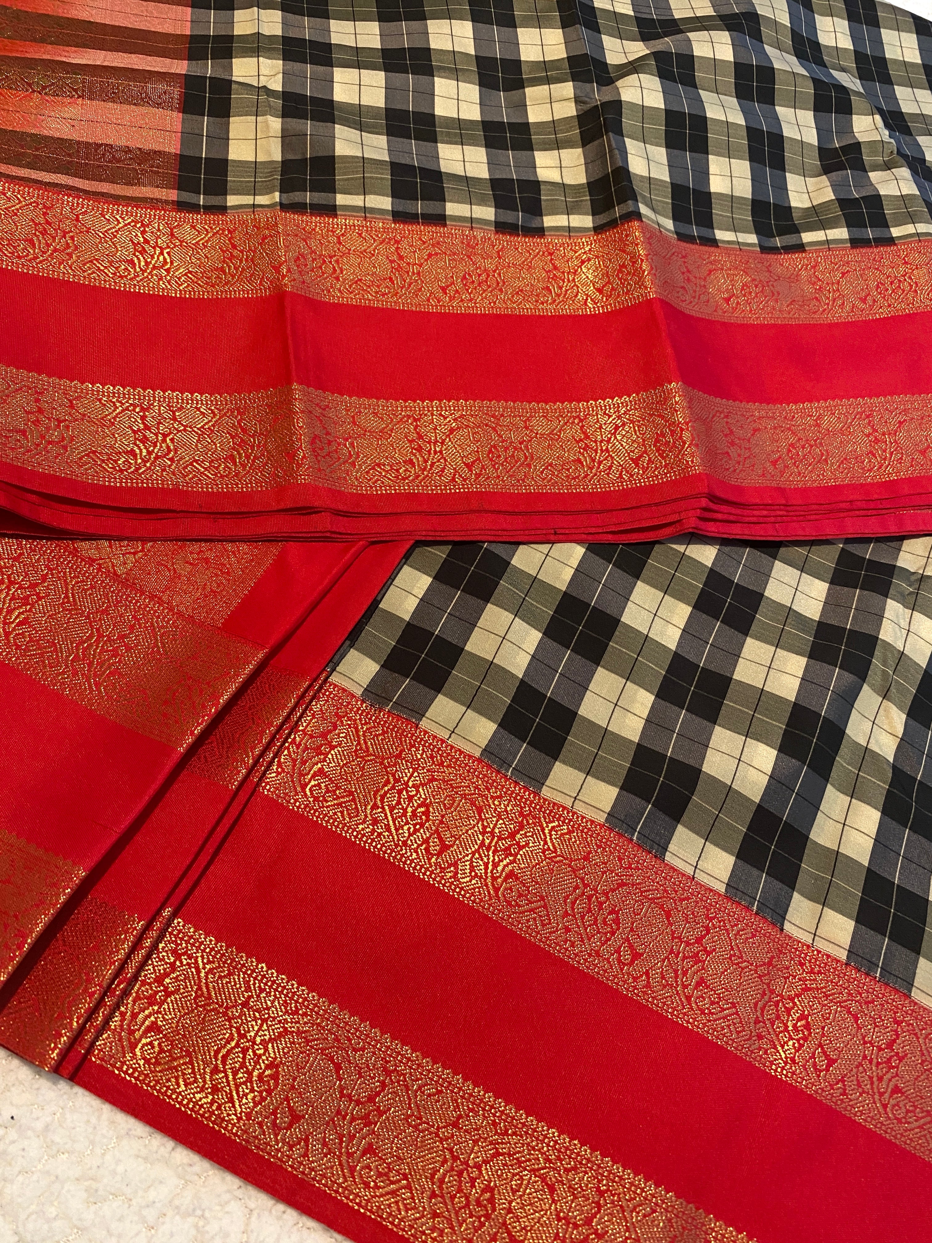 Semi-Kanchipuram Silk Saree with Checked Body, Rich Red Pallu & Gold Zari Border