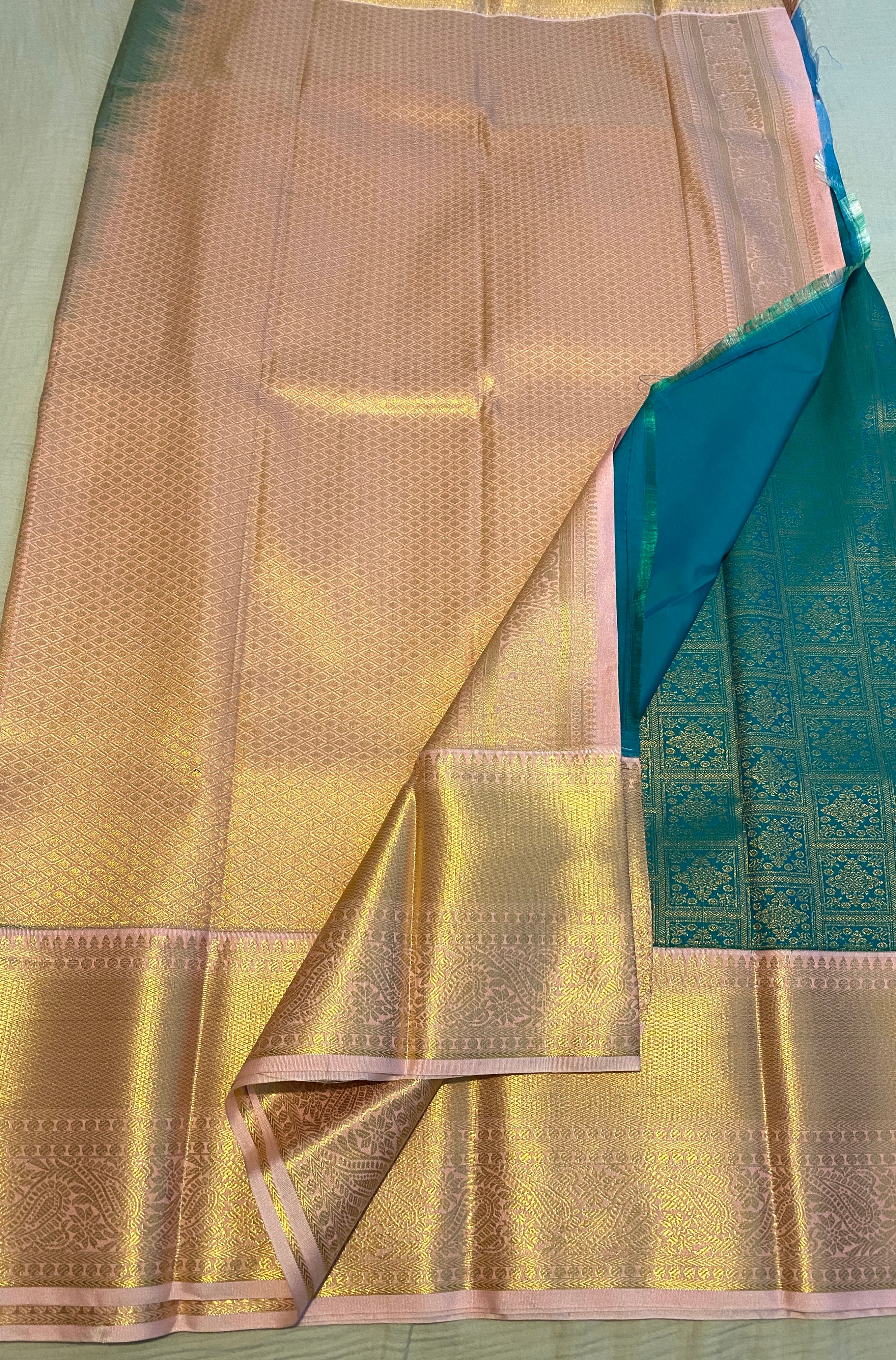 Emerald Green Semi-Kanchipuram Silk Saree with Baby Pink Zari Border & Woven Pallu