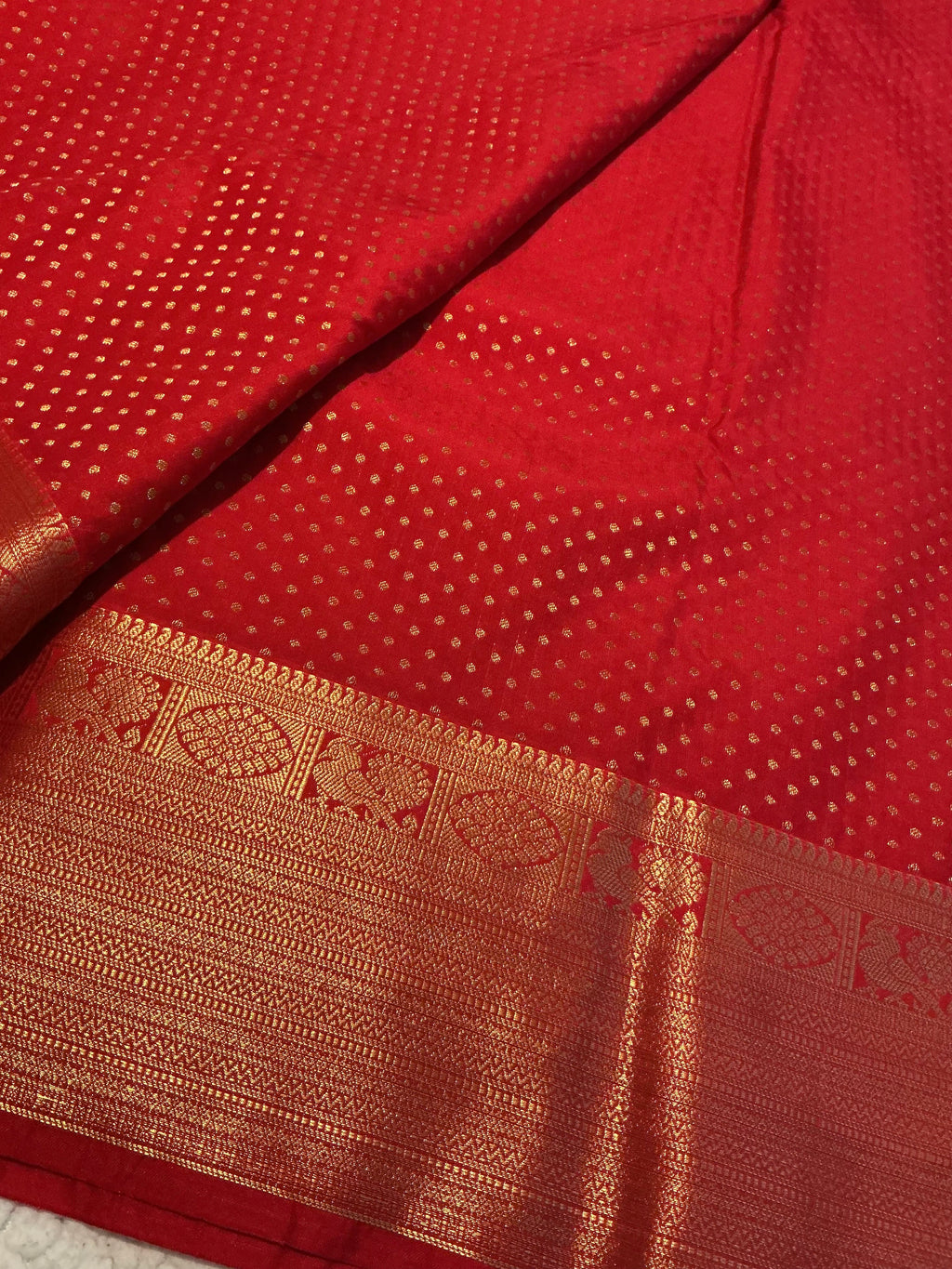 Red Semi-Kanchipuram Silk Saree with Peacock Zari Border