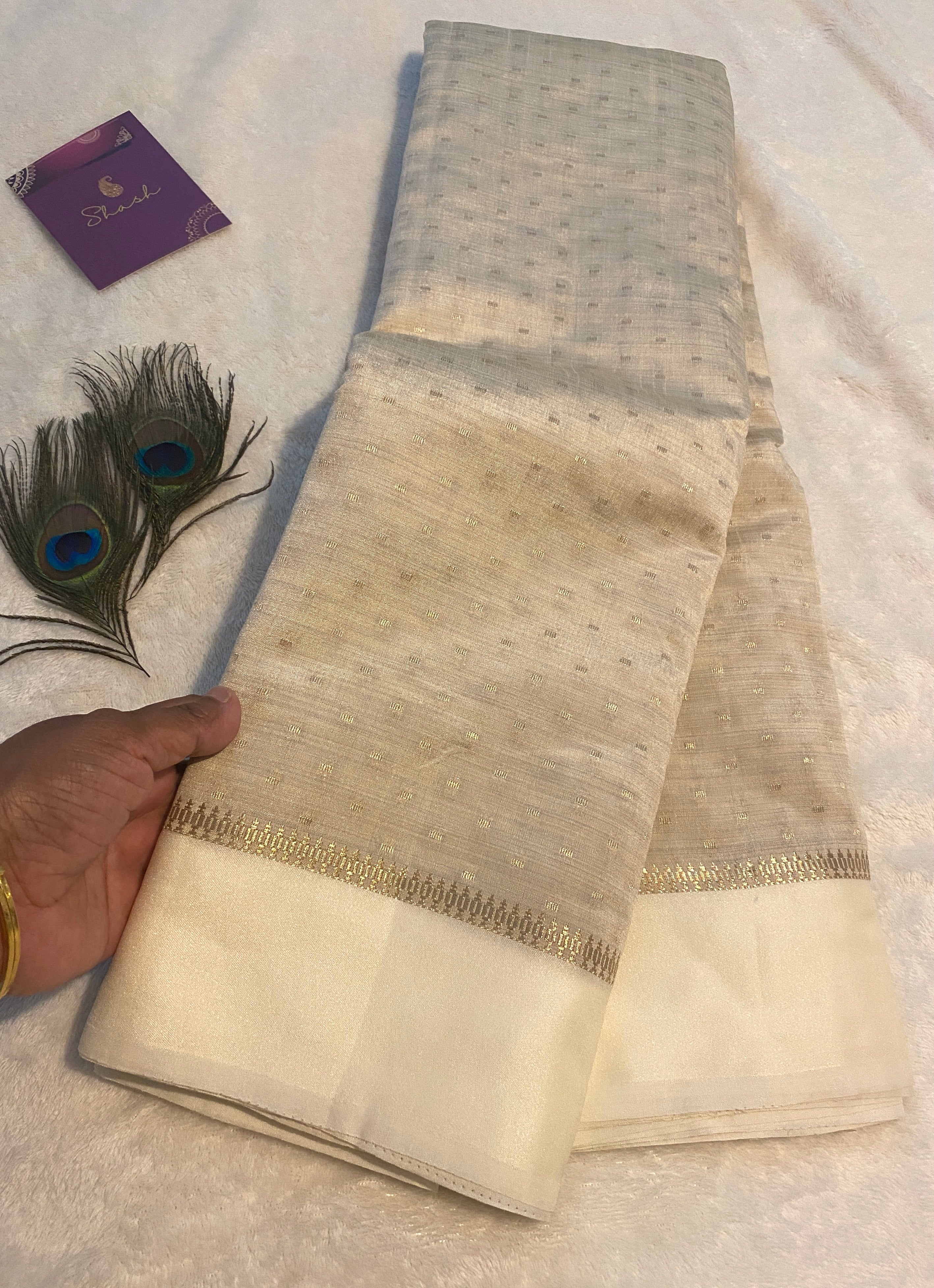 Beige Tussar Silk Saree with Satin Ivory Border & Woven Pallu