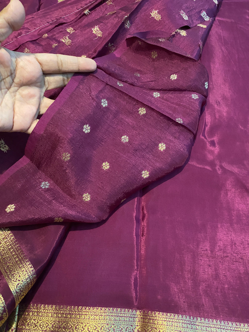 Purple Satin Crepe Saree with Traditional Gold Zari Border