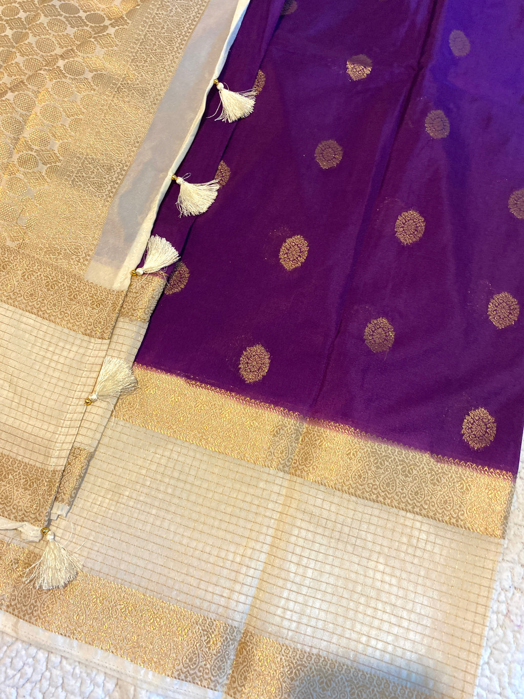Elegant Purple & Off-White Semi Crepe Silk Saree