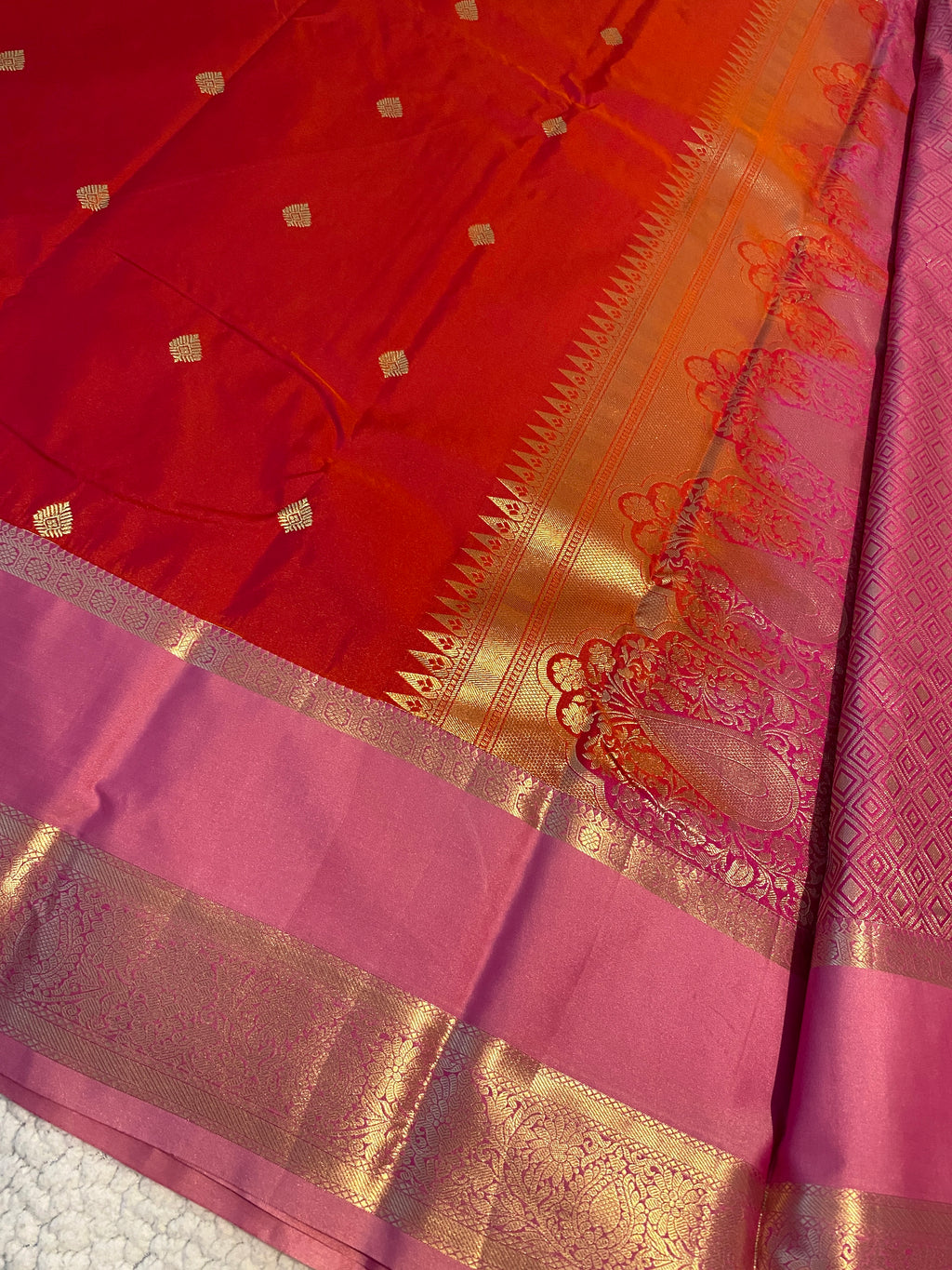 Semi-Kanchipuram Silk Saree in Dual-Tone Deep Pink & Orange with Rose Pink Pallu & Gold Zari Border