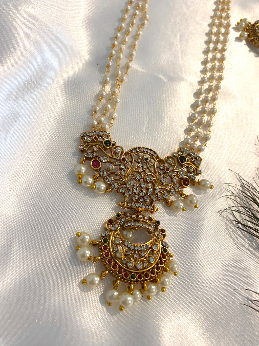 Pearl Design Long Haram Set | Floral Stone Pendant