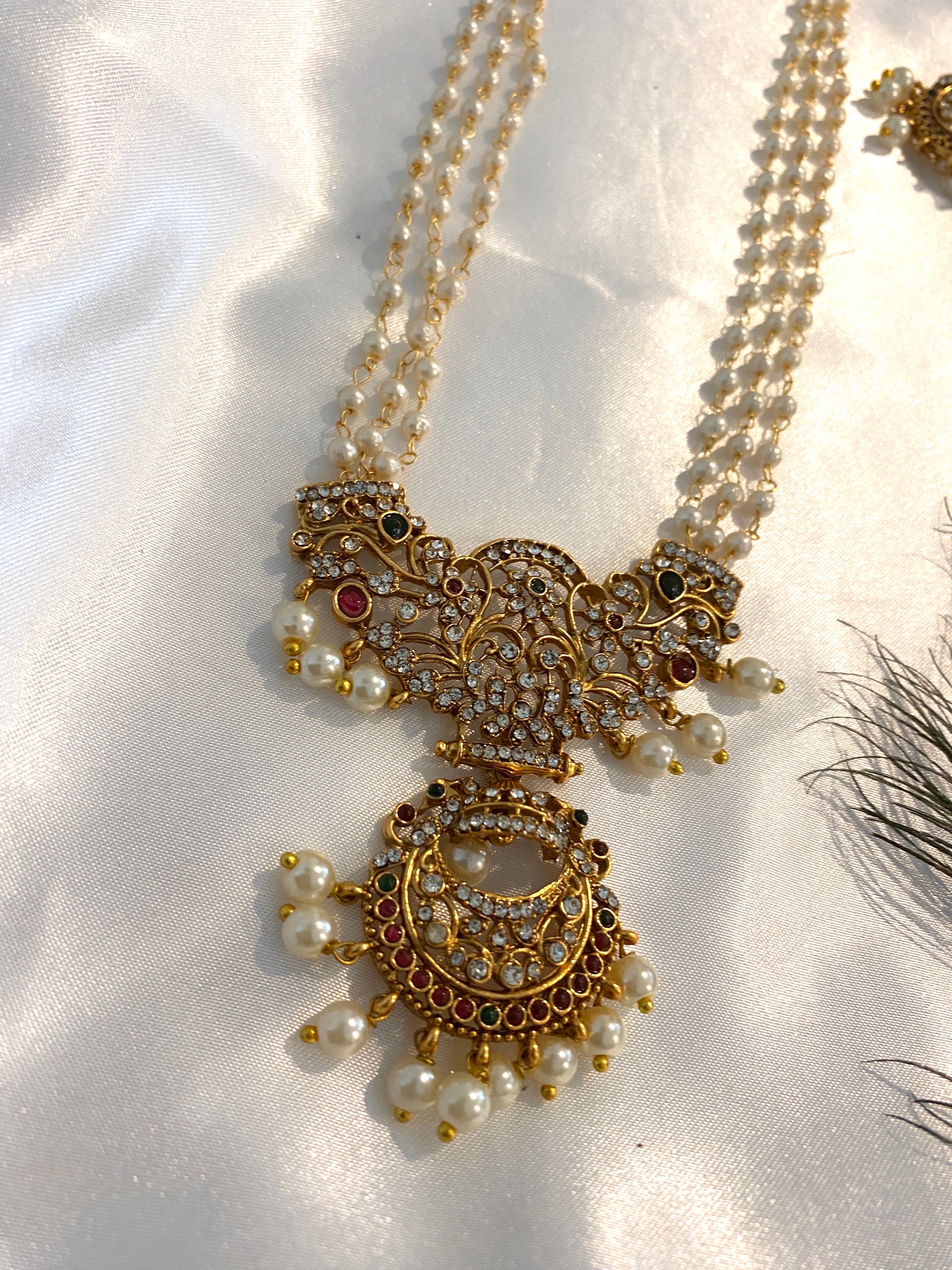 Pearl Design Long Haram Set | Floral Stone Pendant