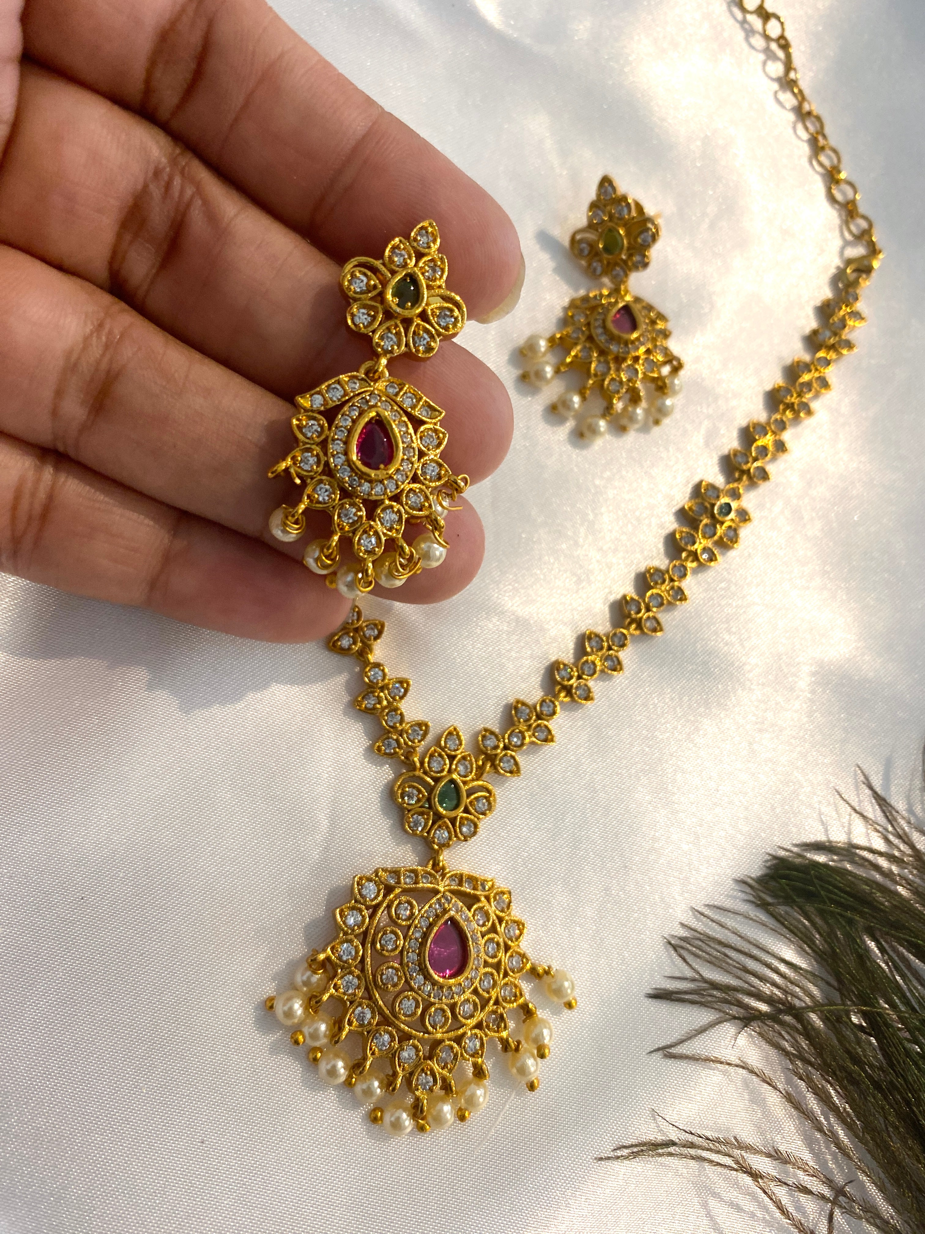 Floral Pearl Drop Necklace Set | Antique Gold Finish