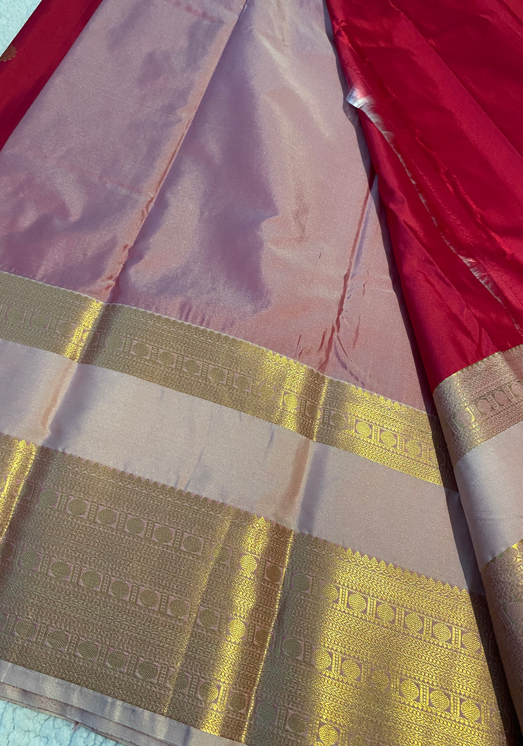 Deep Pink & Blush Pink Semi-Kanchipuram Silk Saree with Gold Zari Border