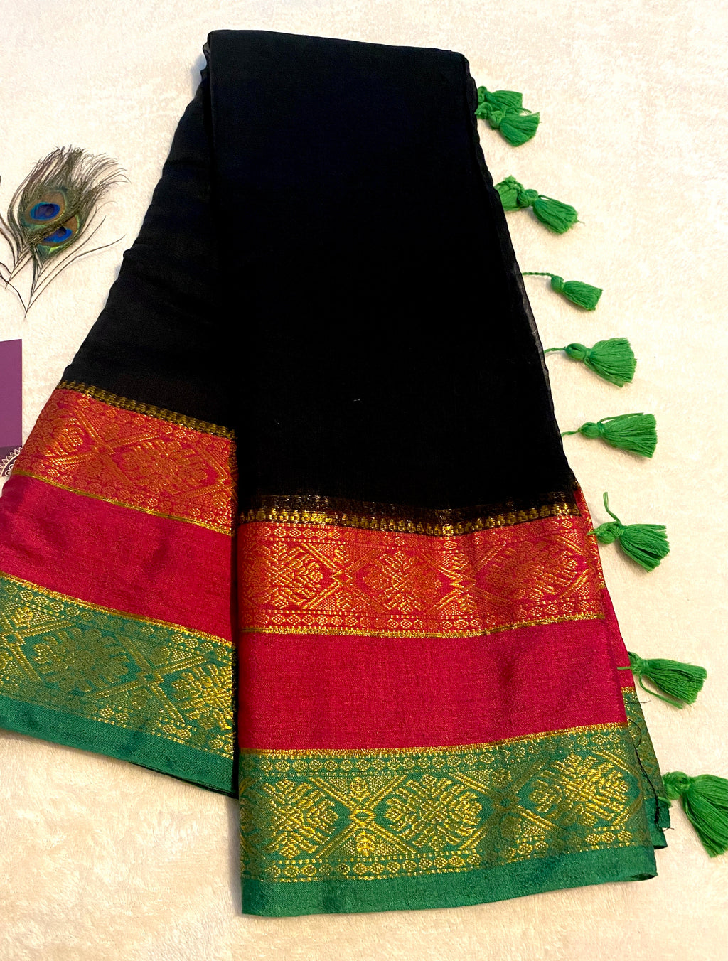 Elegant Black Mulmul Cotton Saree with Kanchi Border