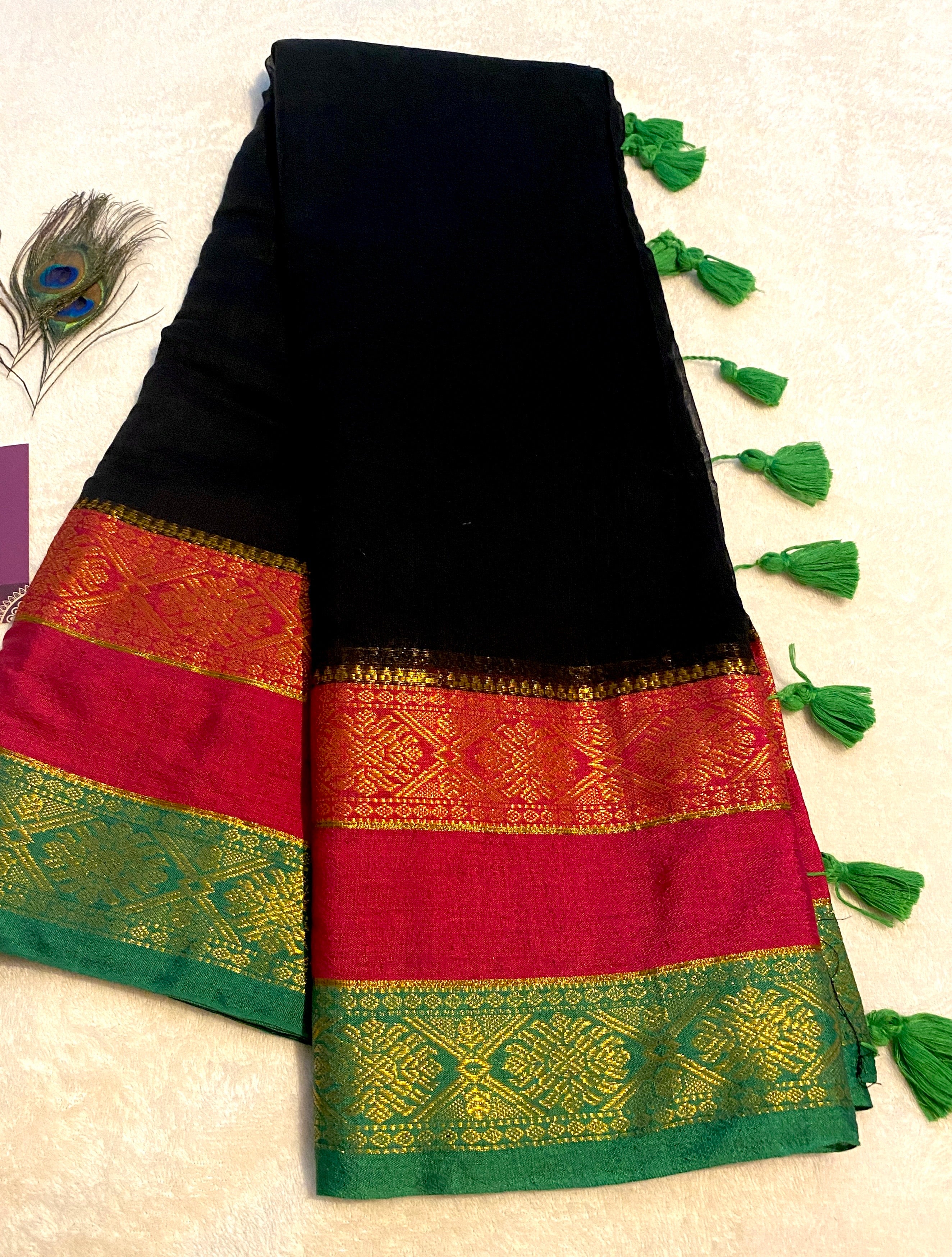 Elegant Black Mulmul Cotton Saree with Kanchi Border
