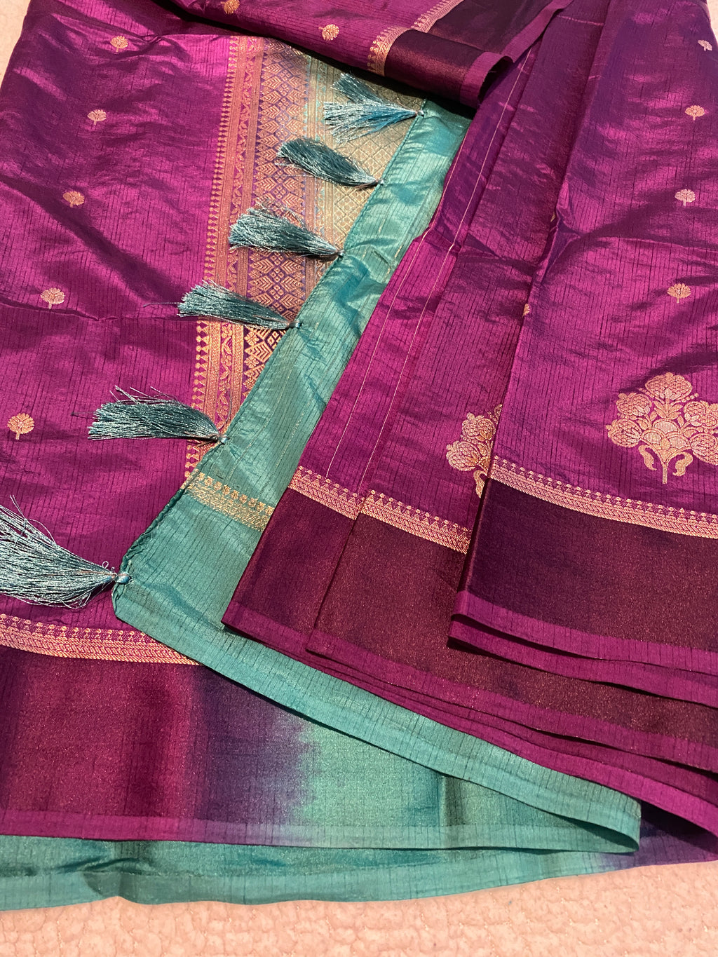 Royal Purple Semi-Soft Silk Saree with Teal Green Blouse & Pallu
