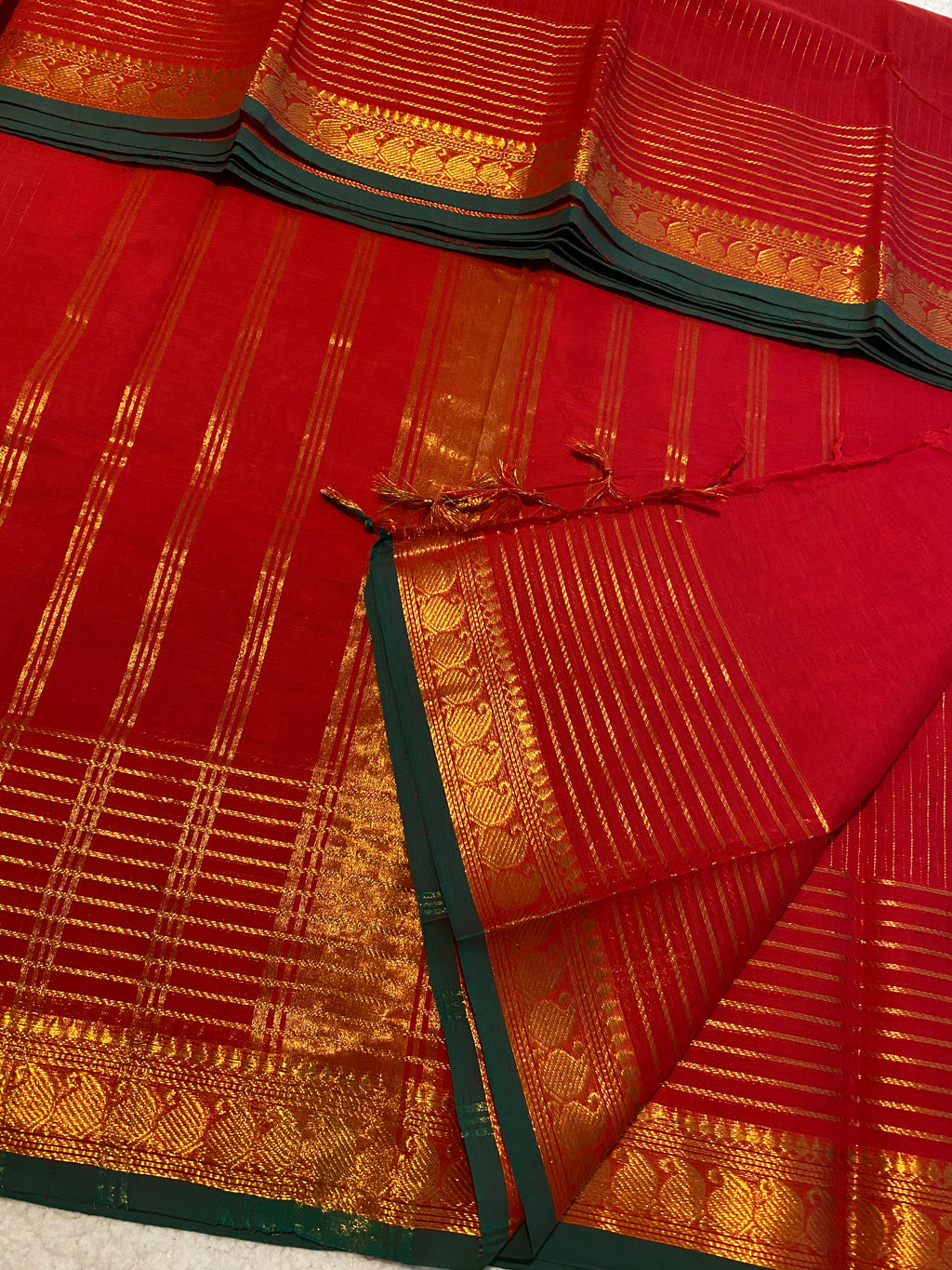 Chilli Red Vaira Oosi Kanchi Cotton Saree | Small Contrast Border