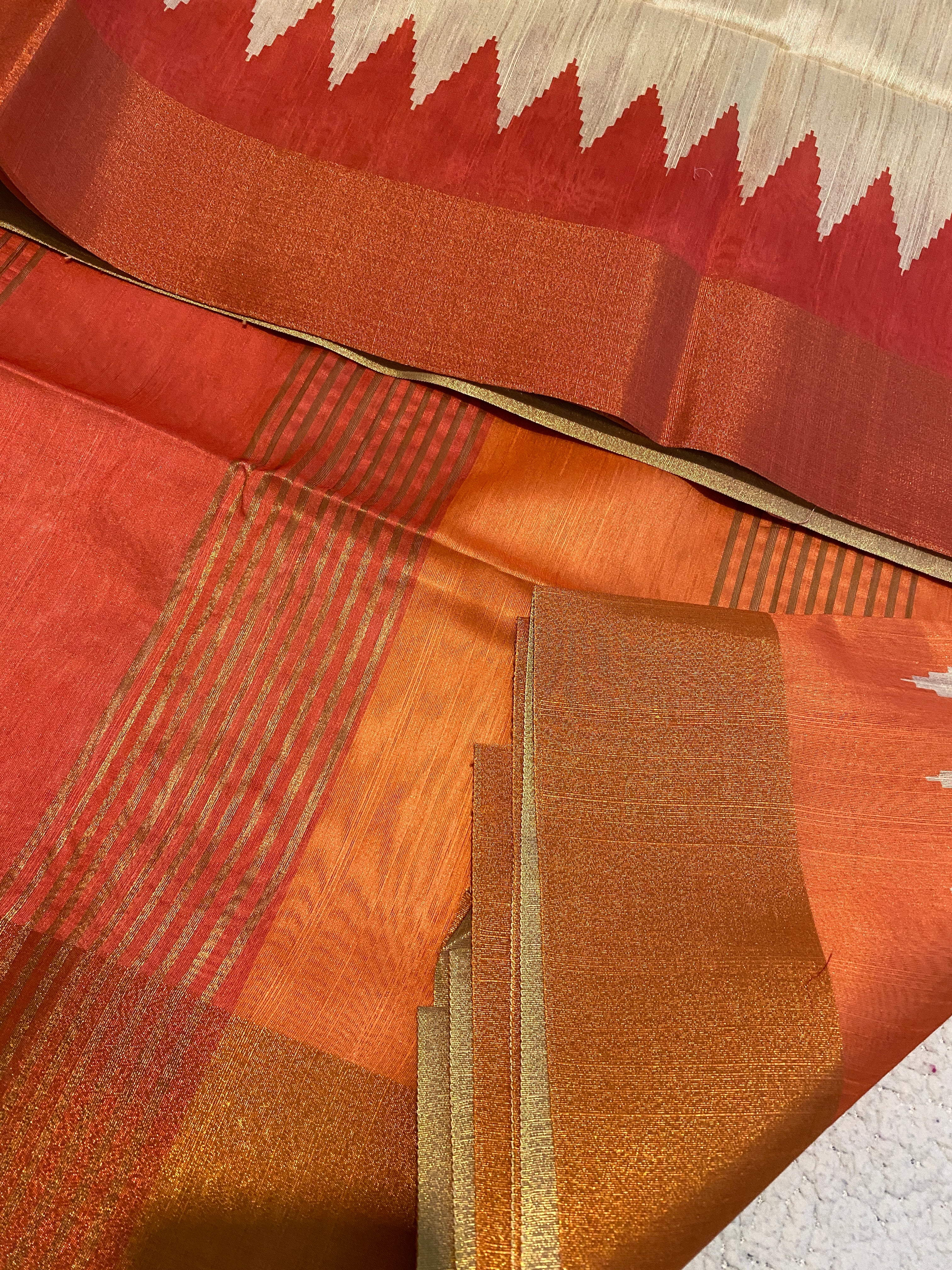 Cream Semi-Jute Tussar Saree with Ganga Jamuna Temple Border