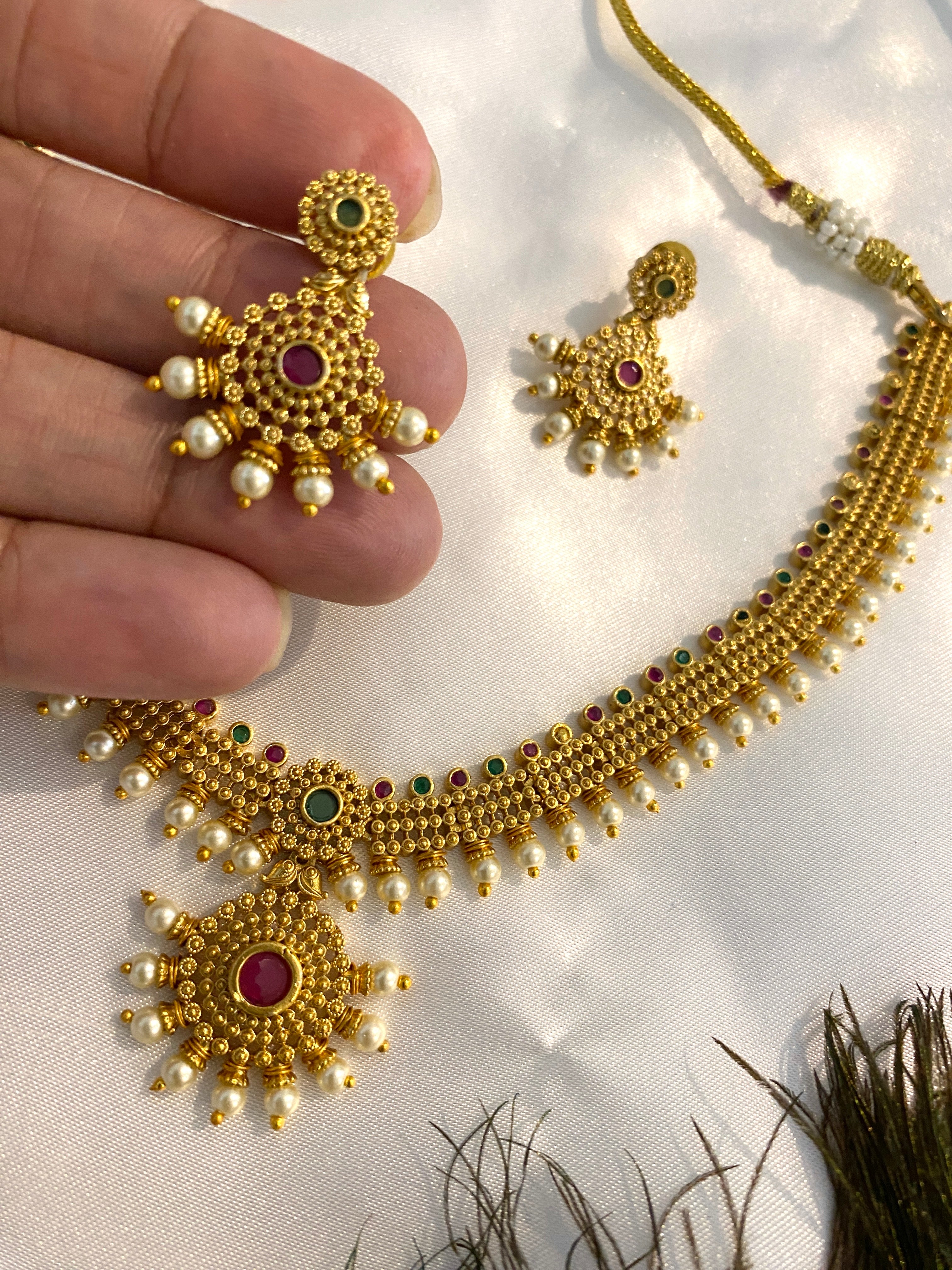 Traditional Antique Gold Necklace Set with Ruby, Green Stone & Pearl Drops