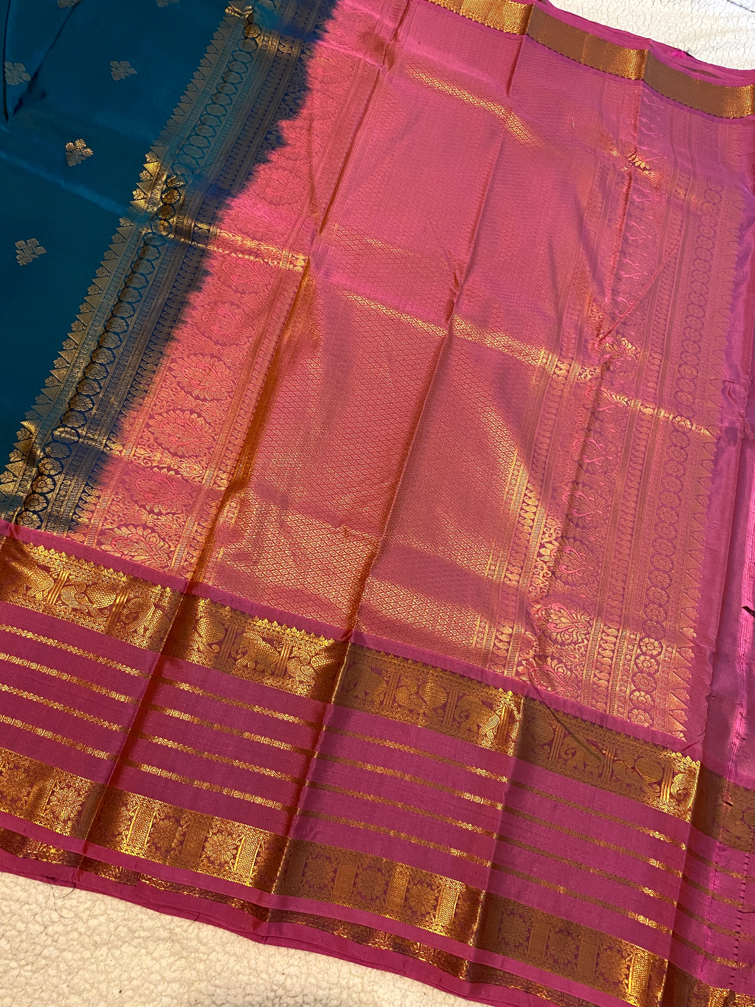Premium Blue and Pink Semi-Kanchipuram Silk Saree with Gold Zari Border