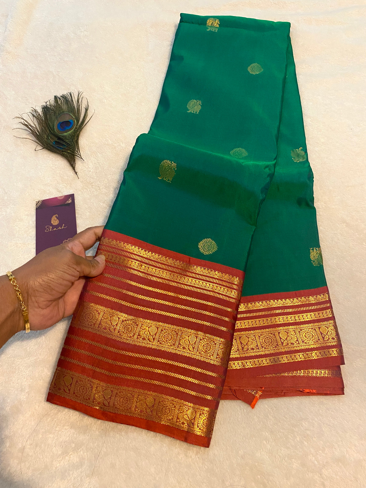 Premium Green & Rust Orange Semi-Kanchipuram Silk Saree with Gold Zari