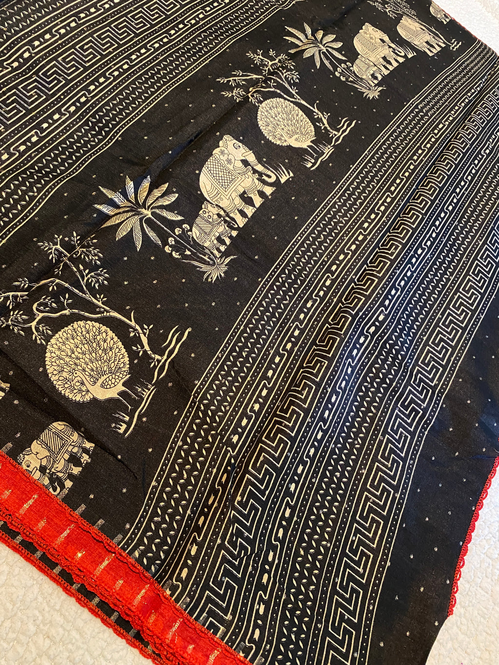 Black Fancy Cotton Saree with Elephant Motif | Elegant Ethnic Wear with Contrast Red Border