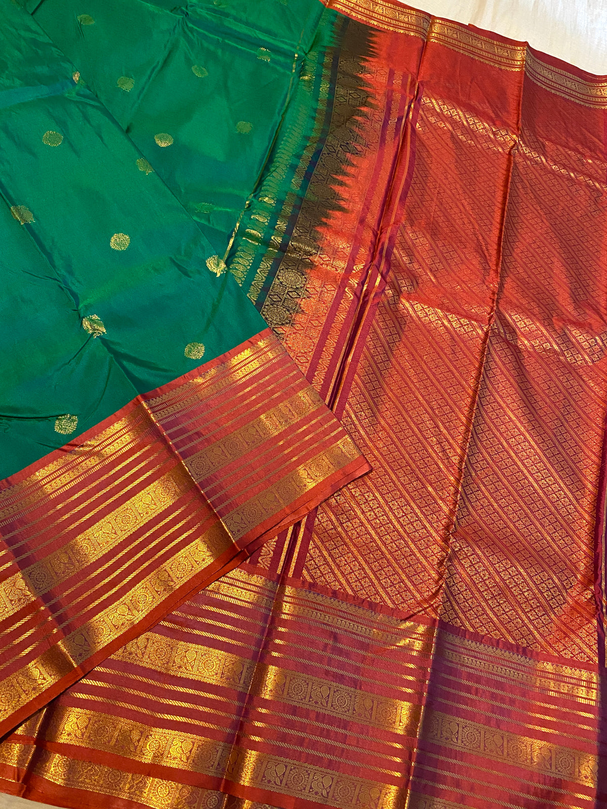 Premium Green & Rust Orange Semi-Kanchipuram Silk Saree with Gold Zari