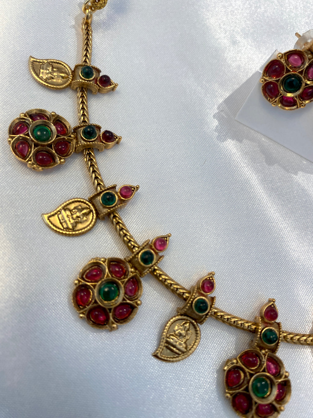 Antique Gold-Tone Ruby & Green Temple-Style Necklace Set
