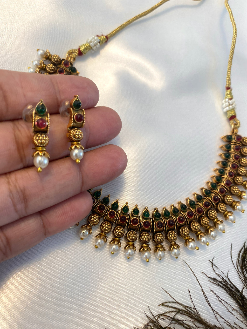Ruby & Green Necklace Set | Traditional South Indian Jewelry | Antique Gold-Tone Necklace & Earrings