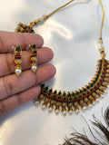 Ruby & Green Necklace Set | Traditional South Indian Jewelry | Antique Gold-Tone Necklace & Earrings